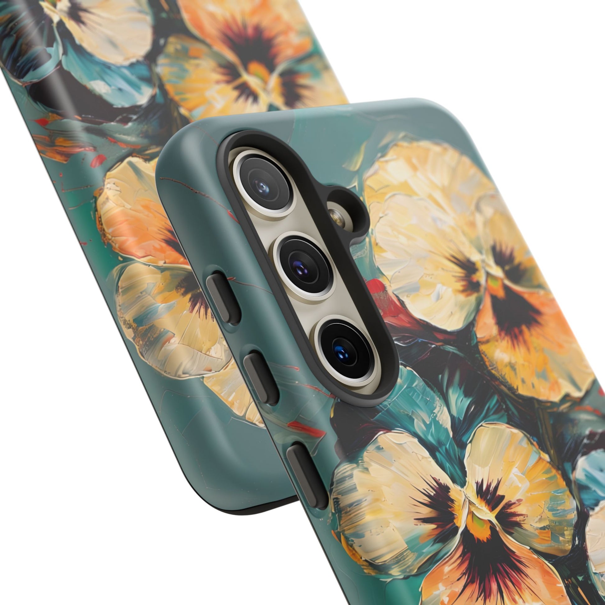 Golden Pansy Cascade Tough Case for Samsung Galaxy S24 - Floral Artistic Shockproof Cover, Elegant Protective Phone Case