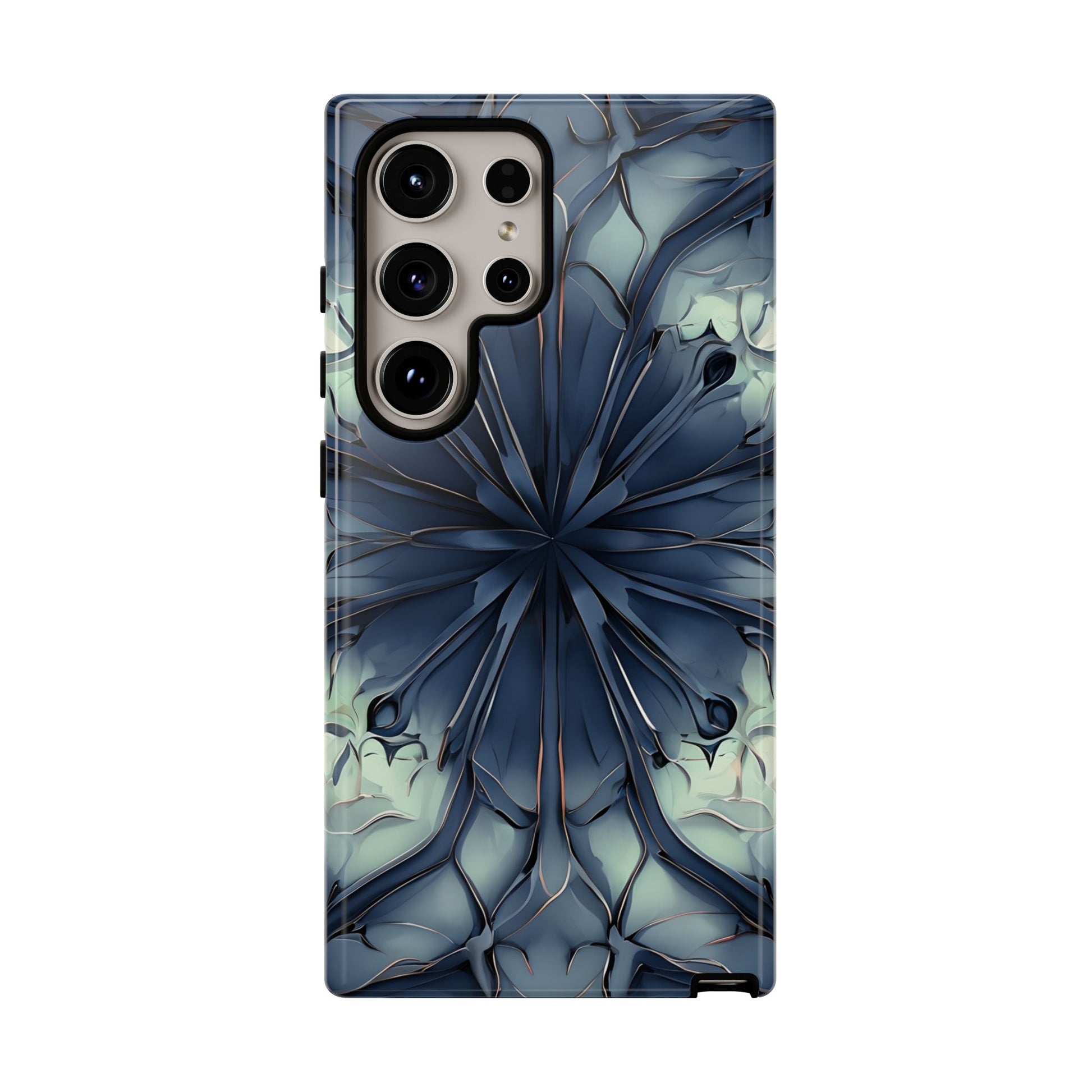 Indigo Mosaic - Artistic Kaleidoscope Collection Artistic Floral - Samsung Galaxy S24 Ultra Tough Phone Case - Bold Blue Symmetrical Design