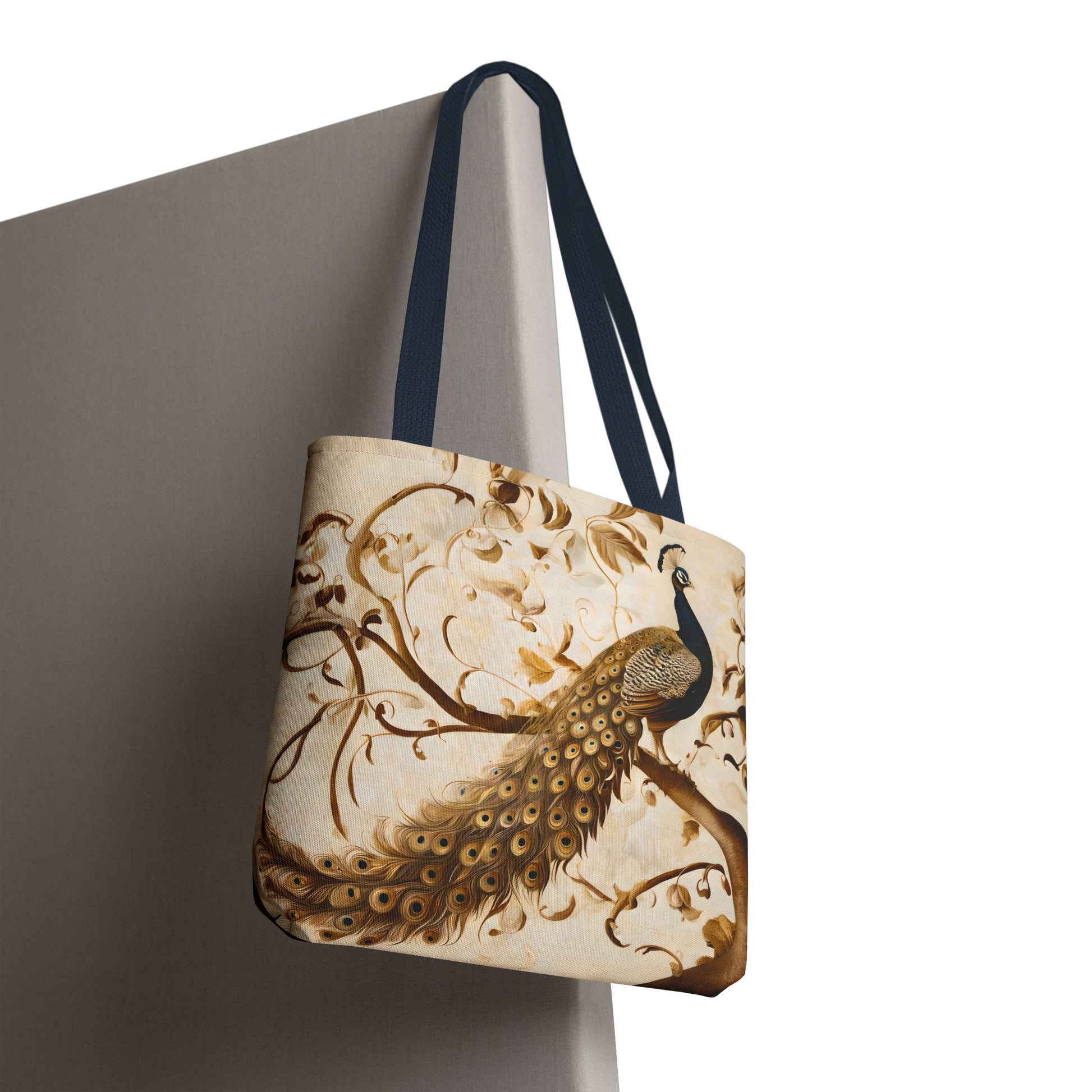 Golden Plumage canvas tote bag hanging with detailed golden feather illustration