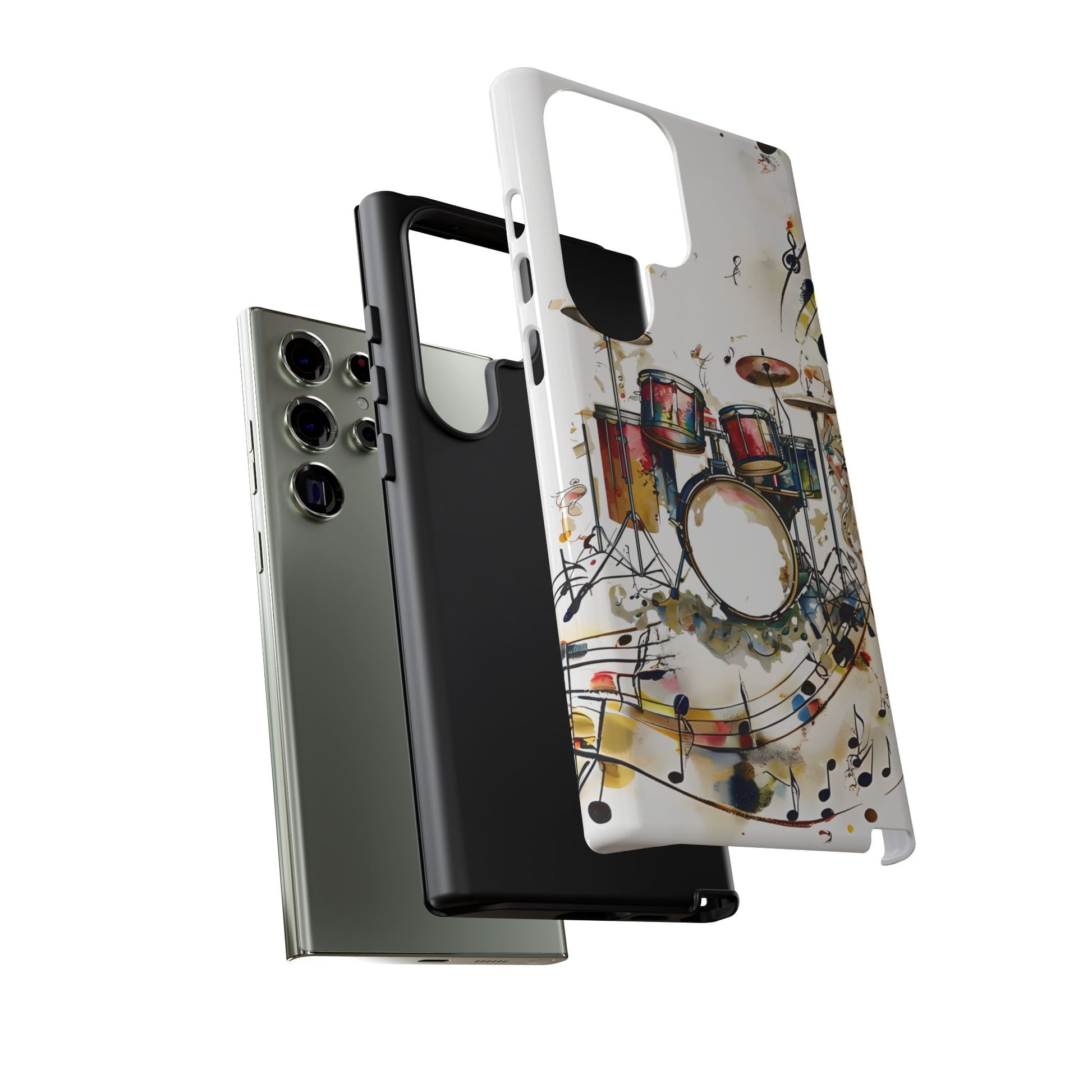 Beatline Samsung Galaxy dual layer tough case with vibrant drummer artwork, side and back view
