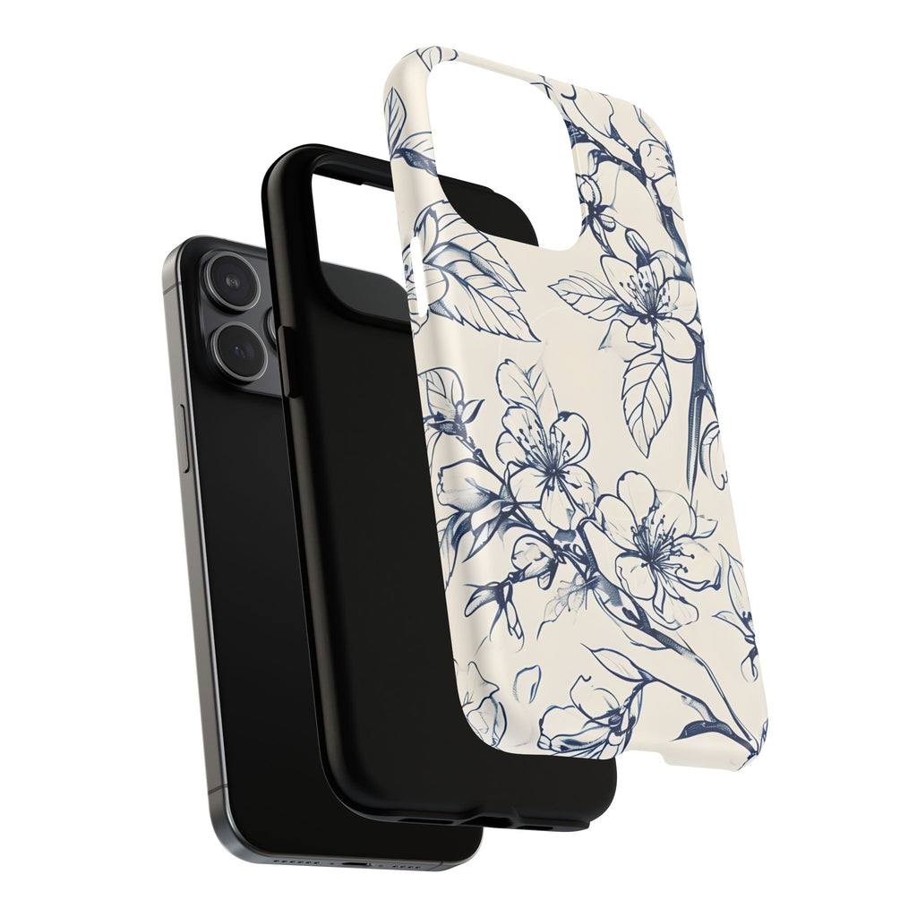 Blossom Sketch - Artistic Blue Floral - iPhone 15 Pro Max MagSafe Phone Case - Hand-Drawn Botanical Design