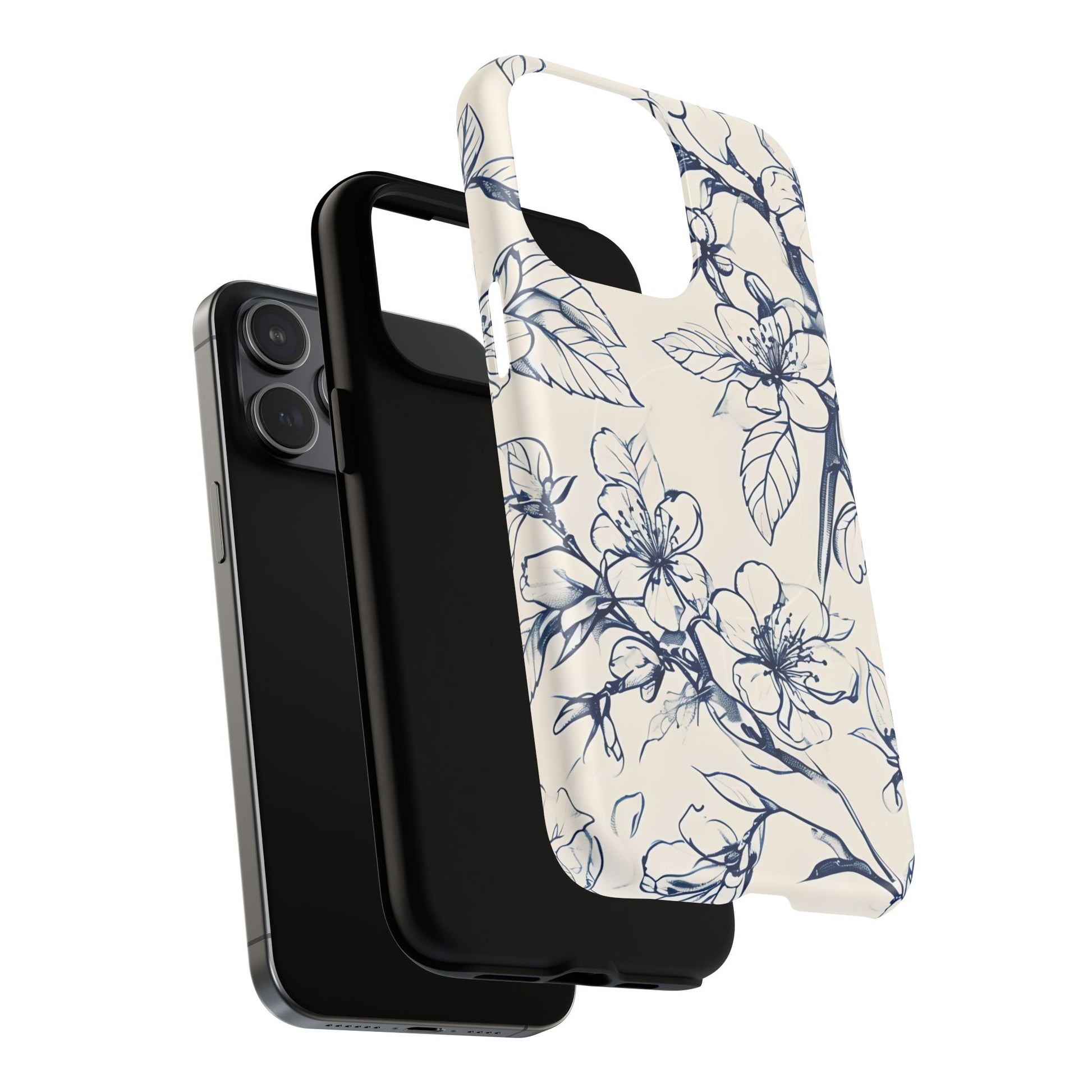 Blossom Sketch - Artistic Blue Floral - iPhone 15 Pro Max MagSafe Phone Case - Hand-Drawn Botanical Design