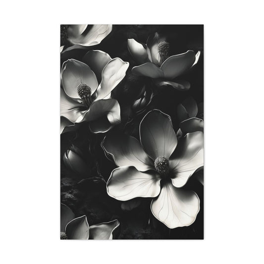 Monochrome Magnolia wall art canvas featuring black and white magnolia blossoms in a dramatic botanical composition