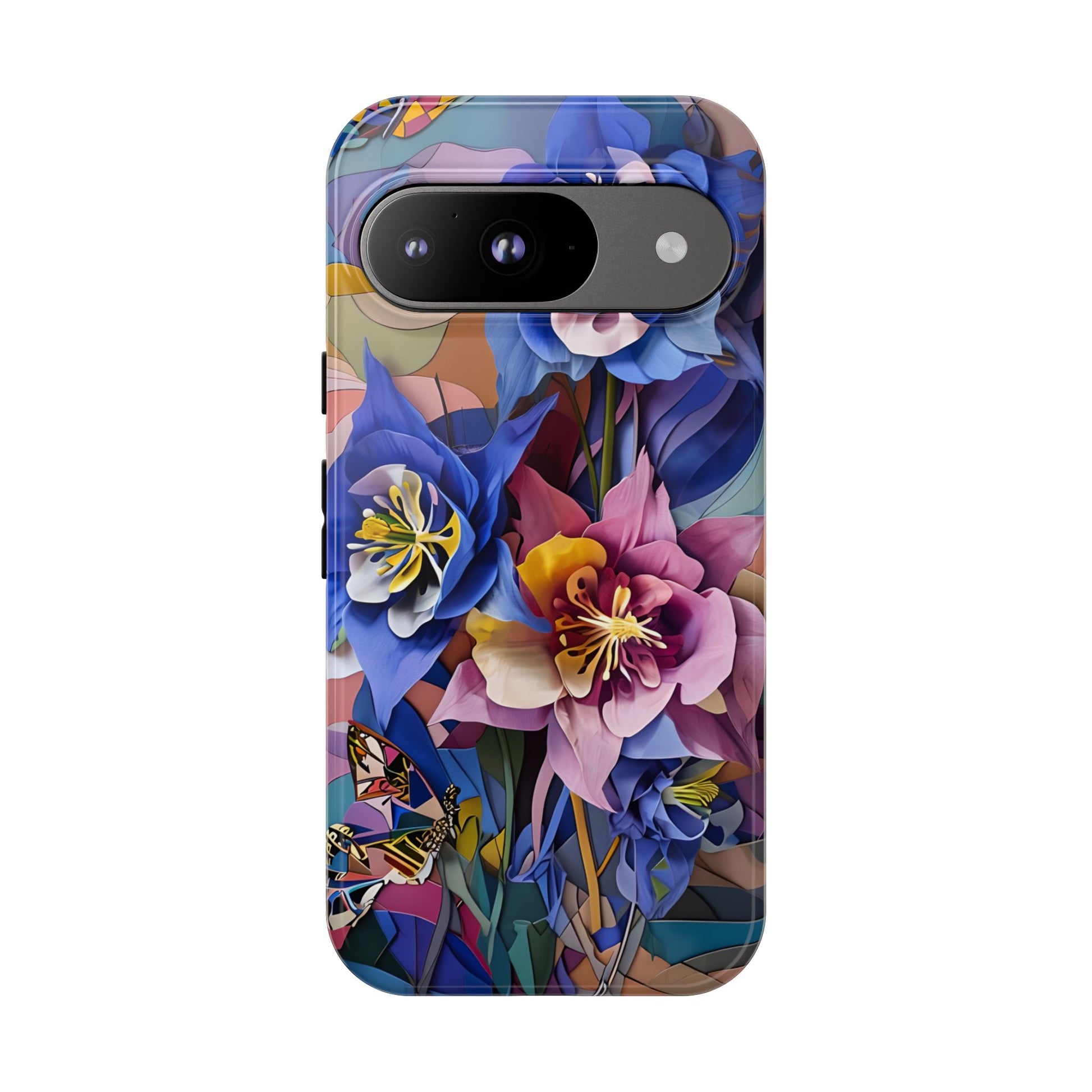 Blue Columbine Carnivale - Artistic Floral & Butterfly Google Pixel 9 Tough Phone Case - Vibrant Botanical Design