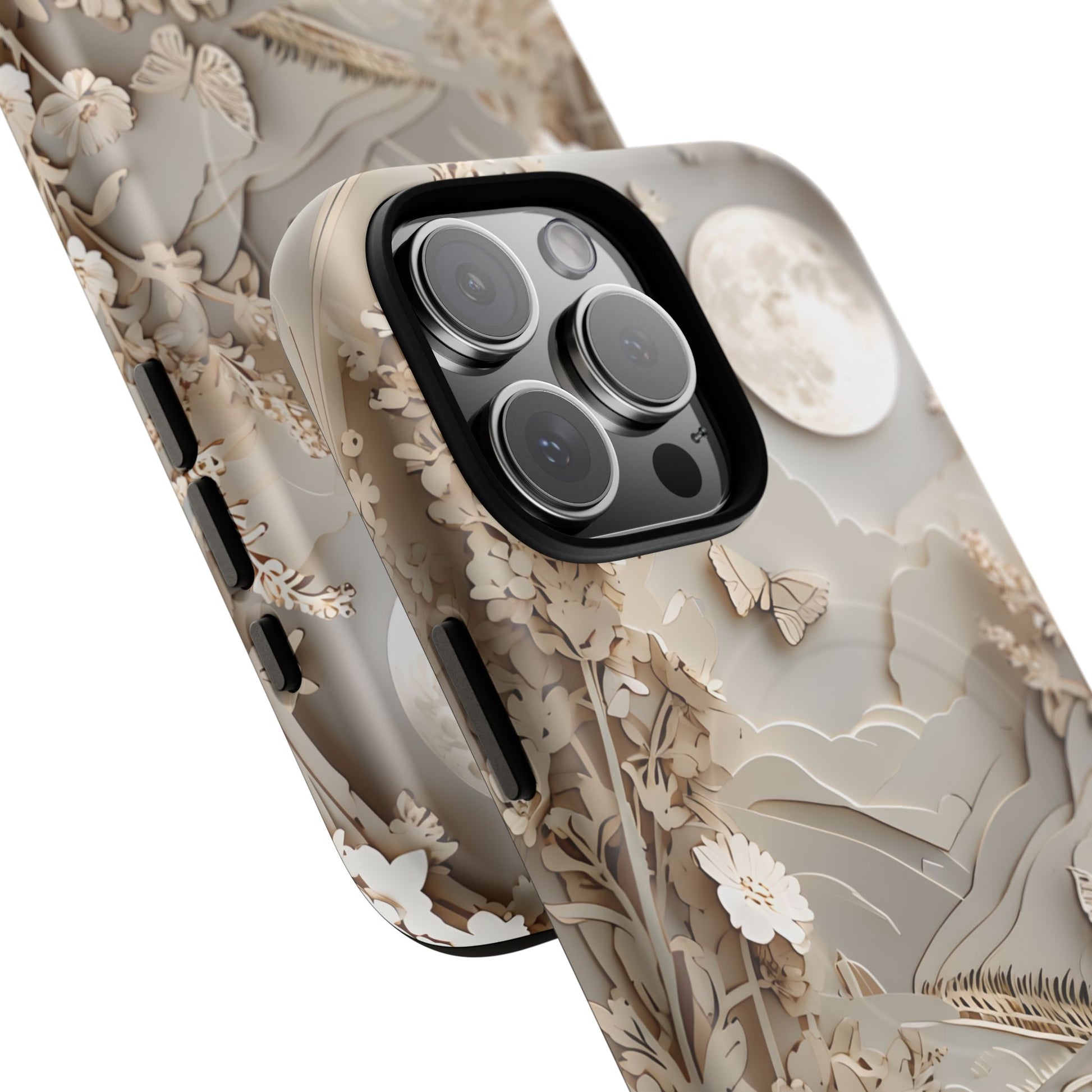 Moonlit Garden - Elegant Neutral Floral iPhone 16 Pro Max MagSafe Phone Case - Painterly Botanical & Moon Design