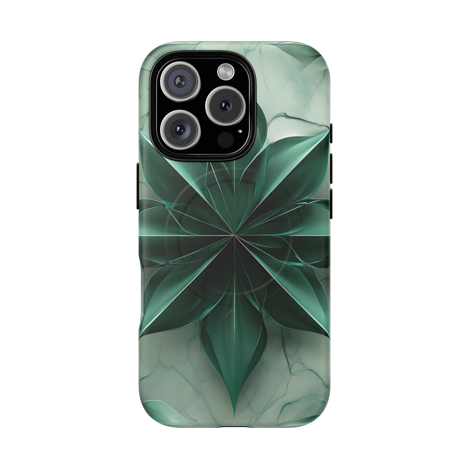 Emerald Bloom iPhone 16 Pro MagSafe Phone Case -Modern Symmetrical Floral Design, Green