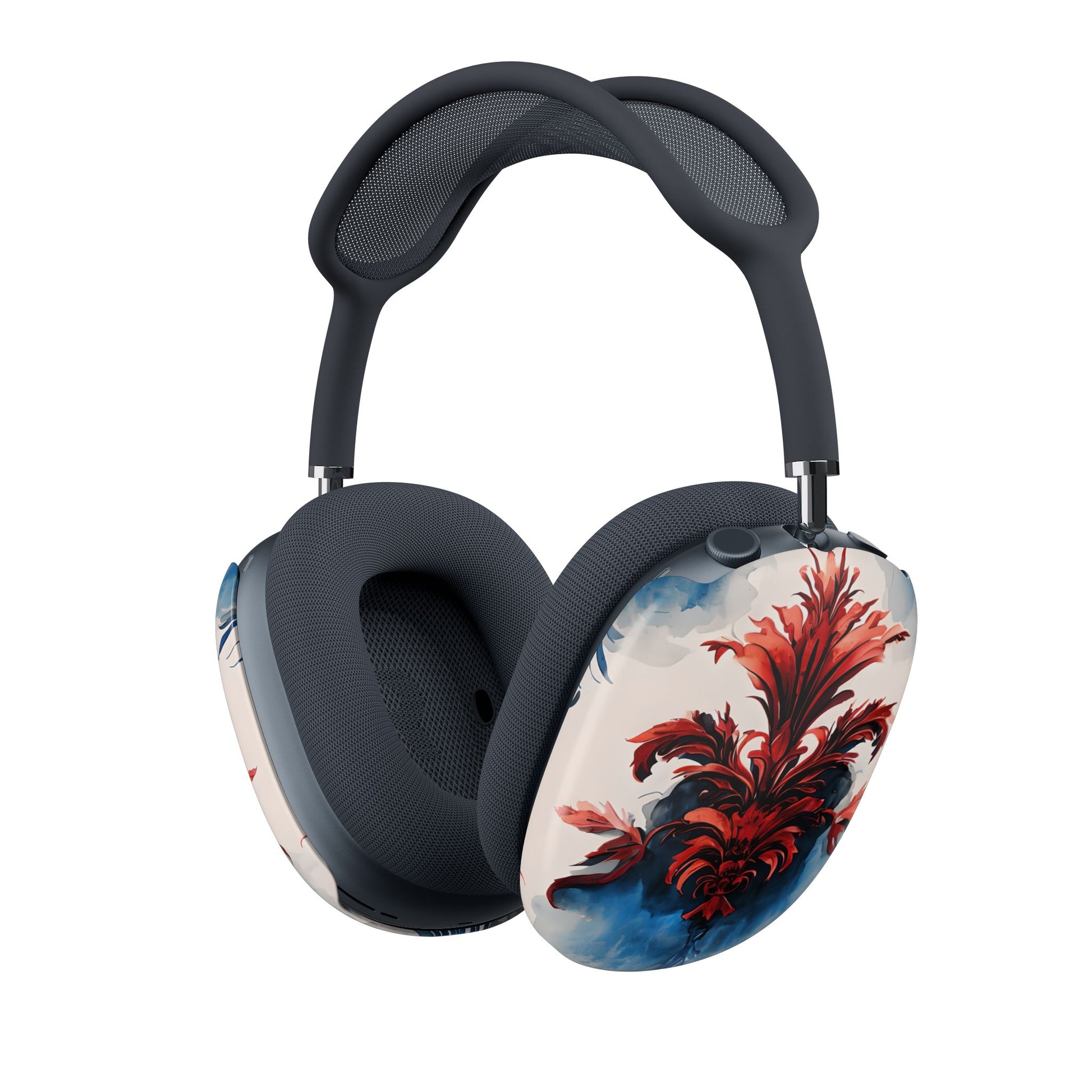 Crimson Plume AirPods Max cover with bold red feather burst on white background and blue accents, angled view on Apple AirPods Max headphones