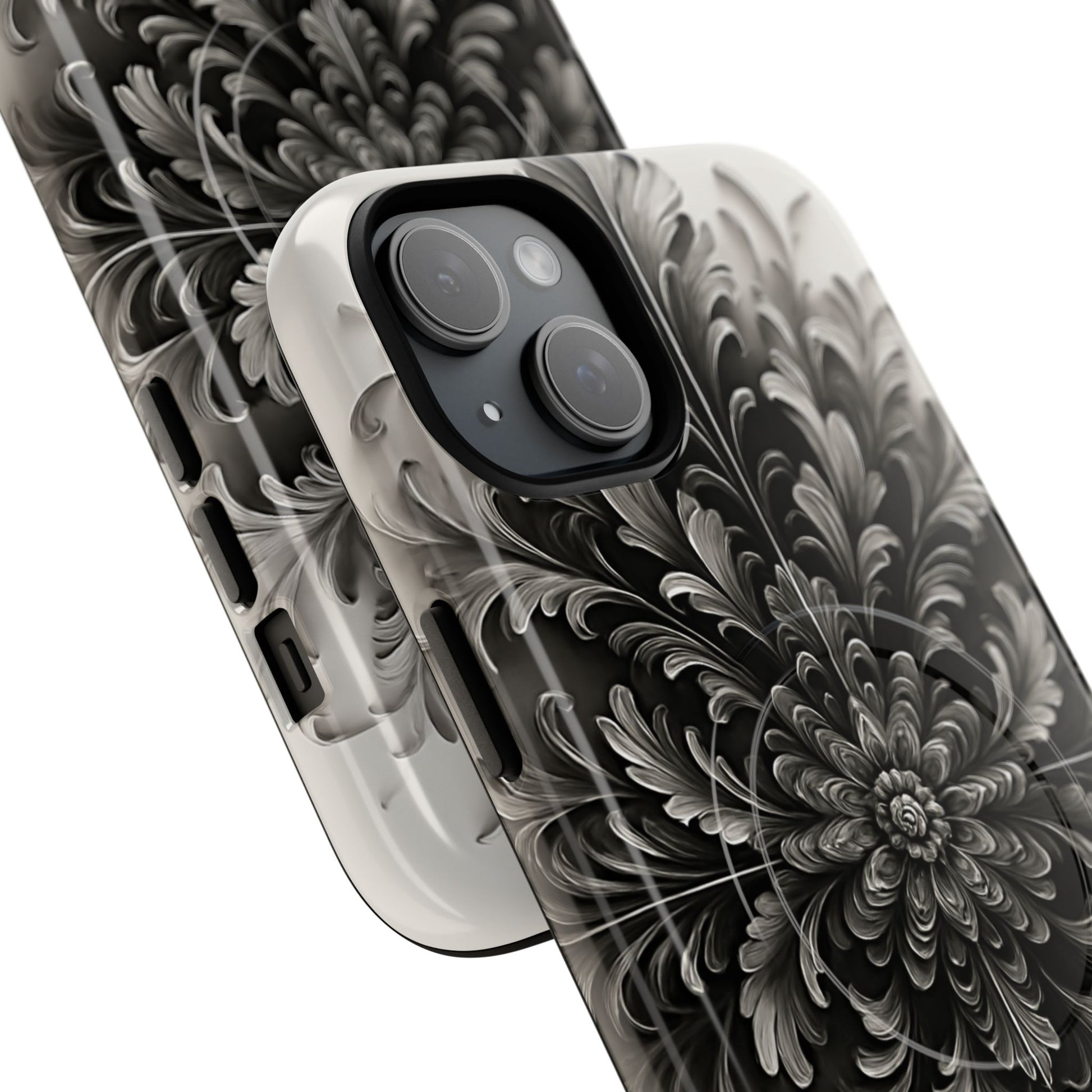 Obsidian Bloom - Elegant Black & White iPhone 15 Plus MagSafe Phone Case - Intricate Mandala Flower Design