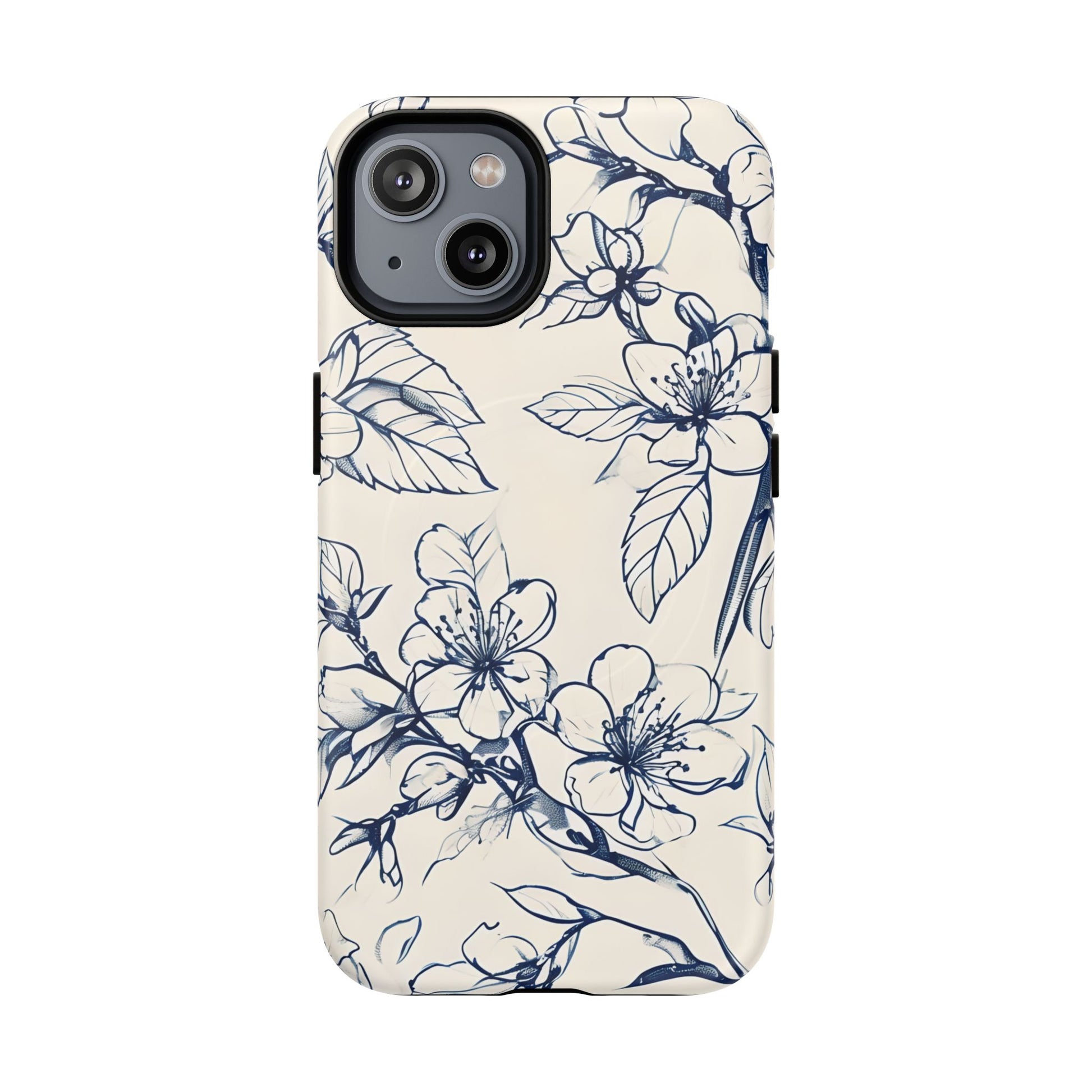 Blossom Sketch iPhone MagSafe case with blue floral line art design