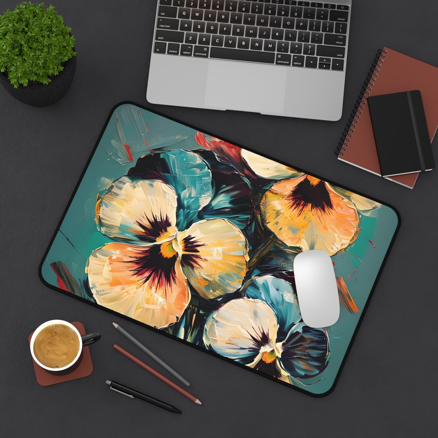 Golden Pansy Cascade Designer Desk Mat - Premium Office Desk Pad, 3 Sizes Available, Artistic Workspace Protection