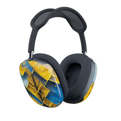 Golden Ascent AirPods Max cover set on Apple headphones, vibrant blue and gold abstract geometric design for Apple AirPods Max, angled side view