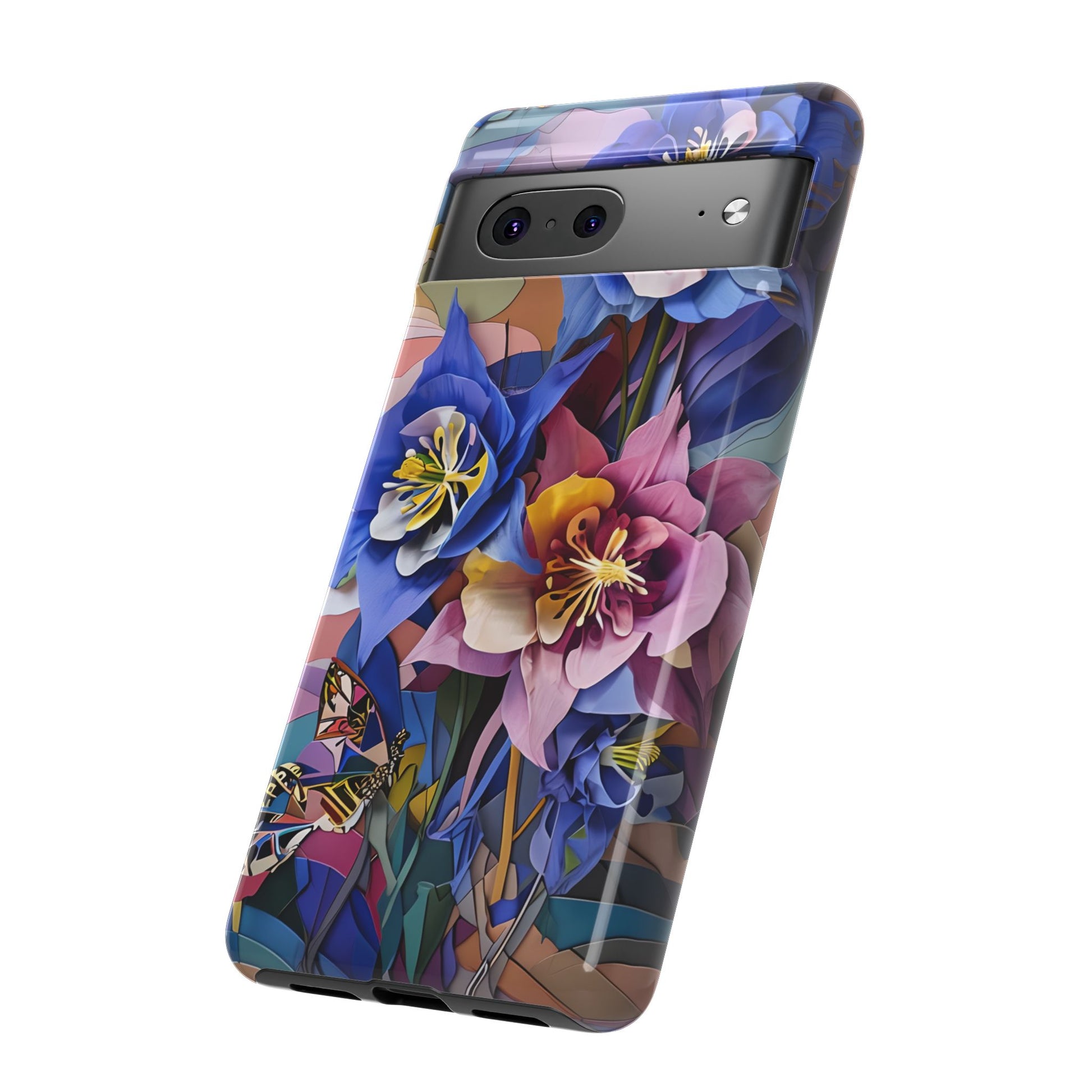 Blue Columbine Carnivale - Artistic Floral & Butterfly Google Pixel 7 Tough Phone Case - Vibrant Botanical Design