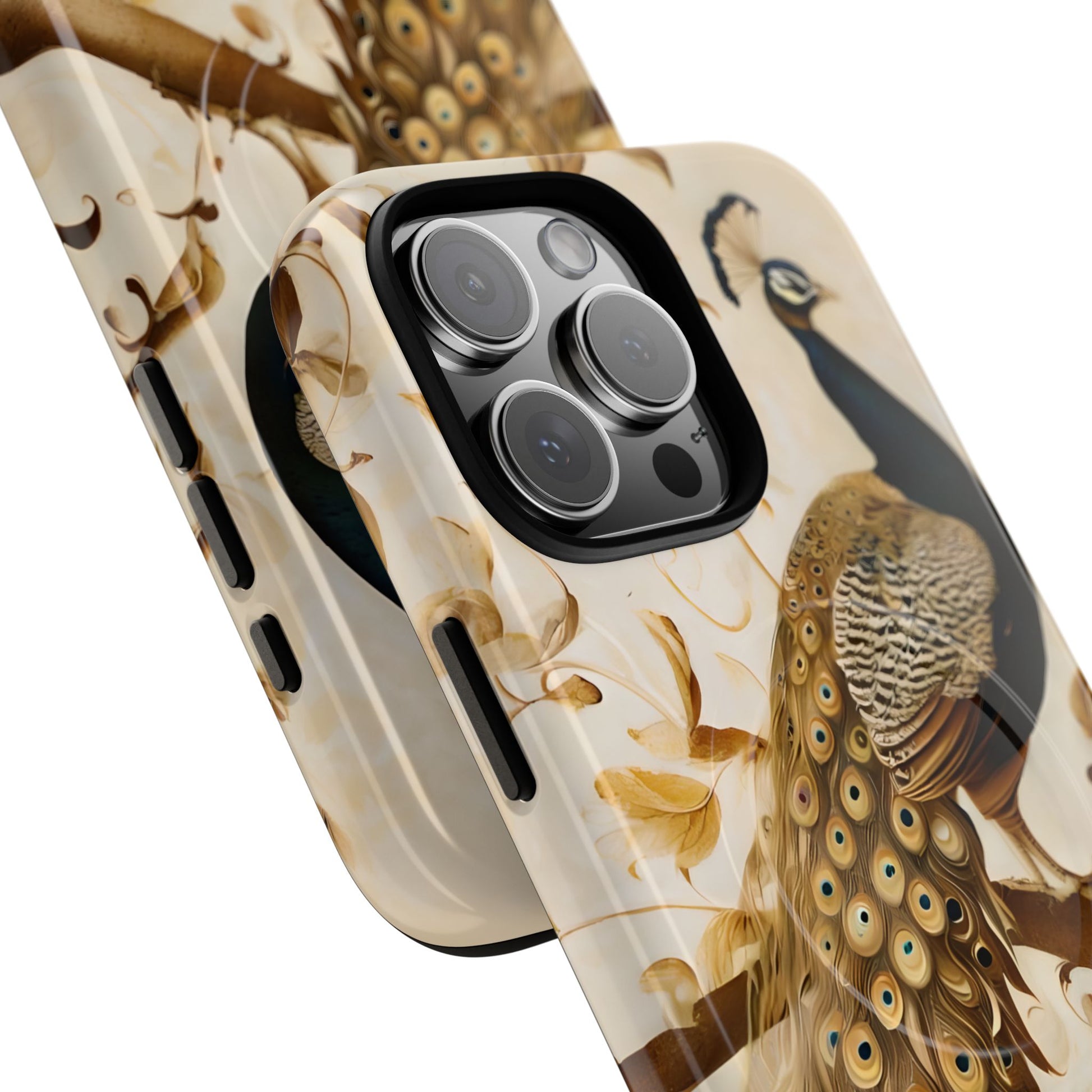 Golden Plumage - Luxe Peacock Art iPhone 16 Pro Max Phone Case - MagSafe Compatible - Elegant Gold & Cream Design