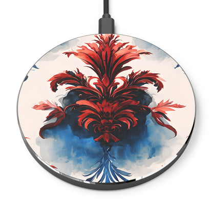 Crimson Plume red, white and blue floral decorative Qi wireless charger with bold patriotic plume design