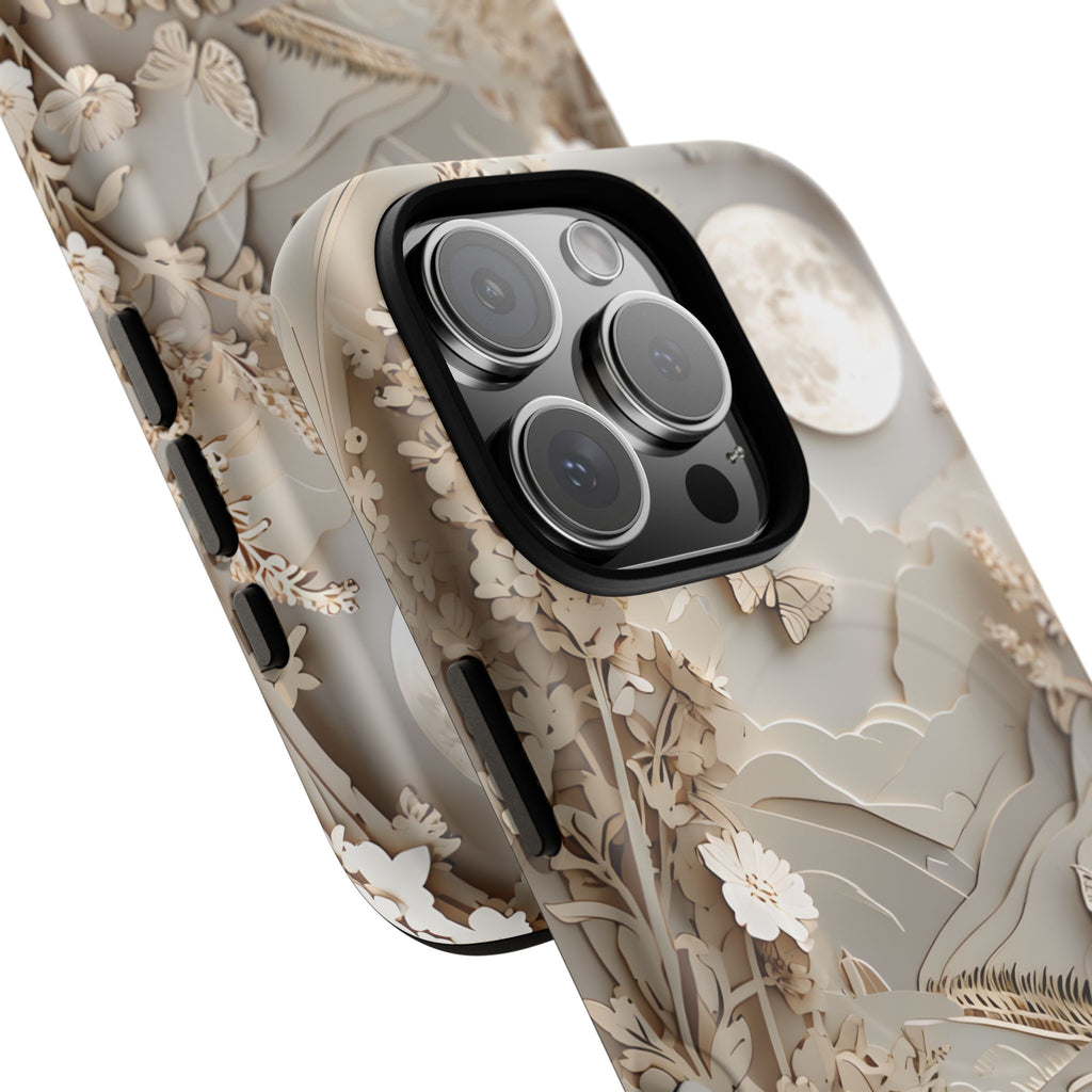 Moonlit Garden - Elegant Neutral Floral iPhone 16 Pro MagSafe Phone Case - Painterly Botanical & Moon Design