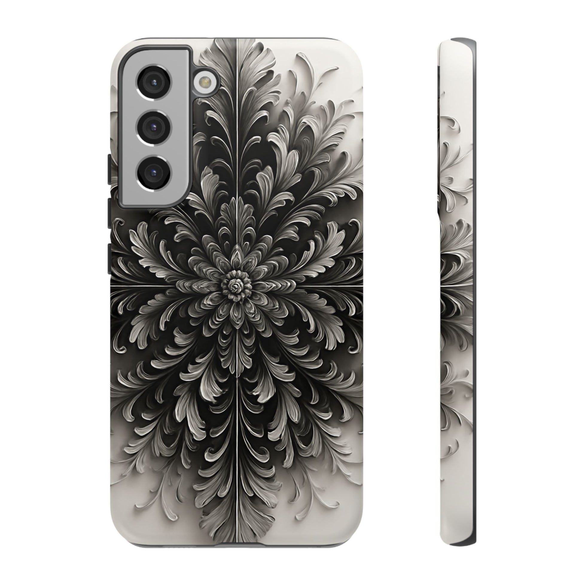 Obsidian Bloom - Elegant Black & White Samsung Galaxy S22 Plus Tough Phone Case - Intricate Mandala Flower Design