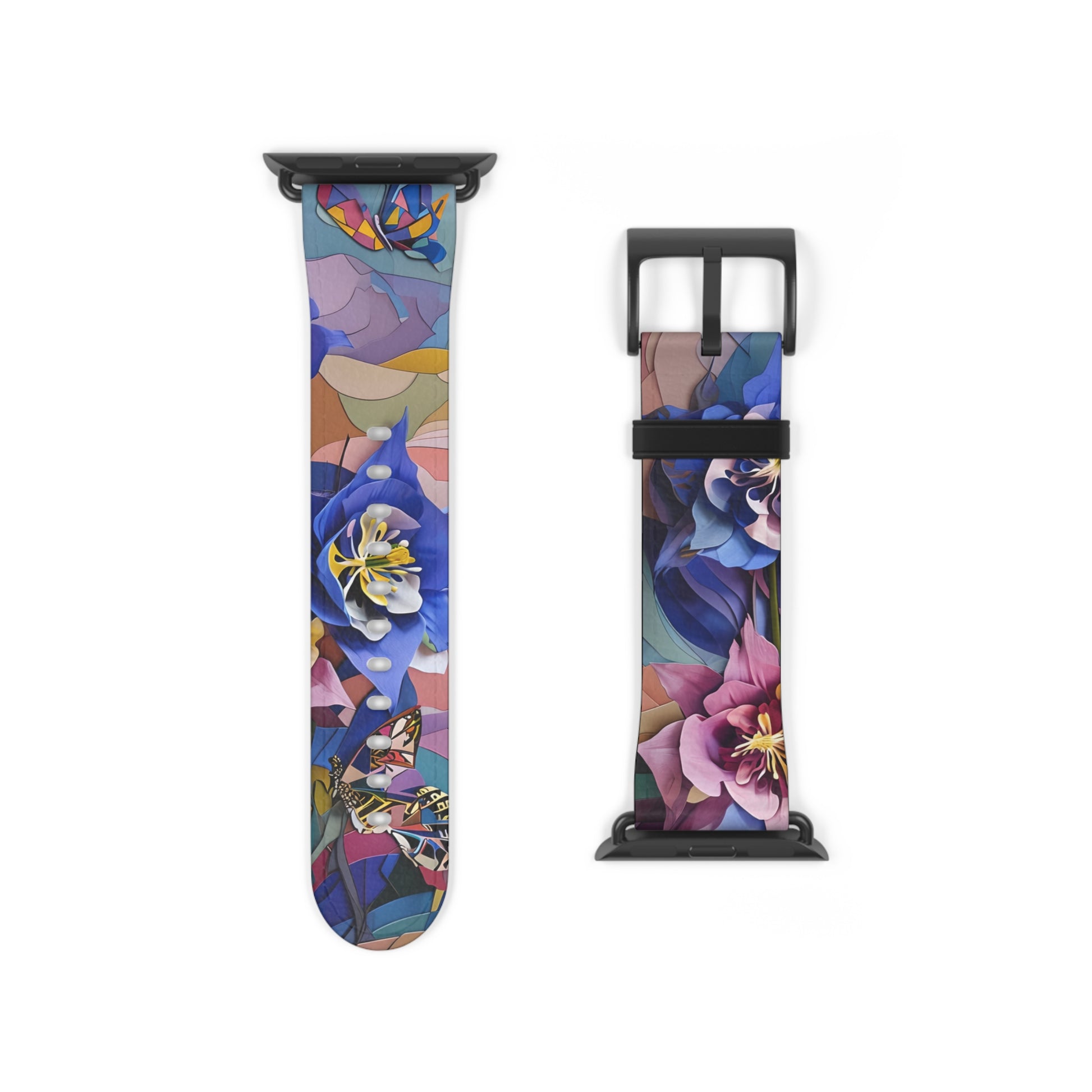 Blue Columbine Carnivale Apple Watch band strap with black clasp displaying colorful columbine floral and butterfly design