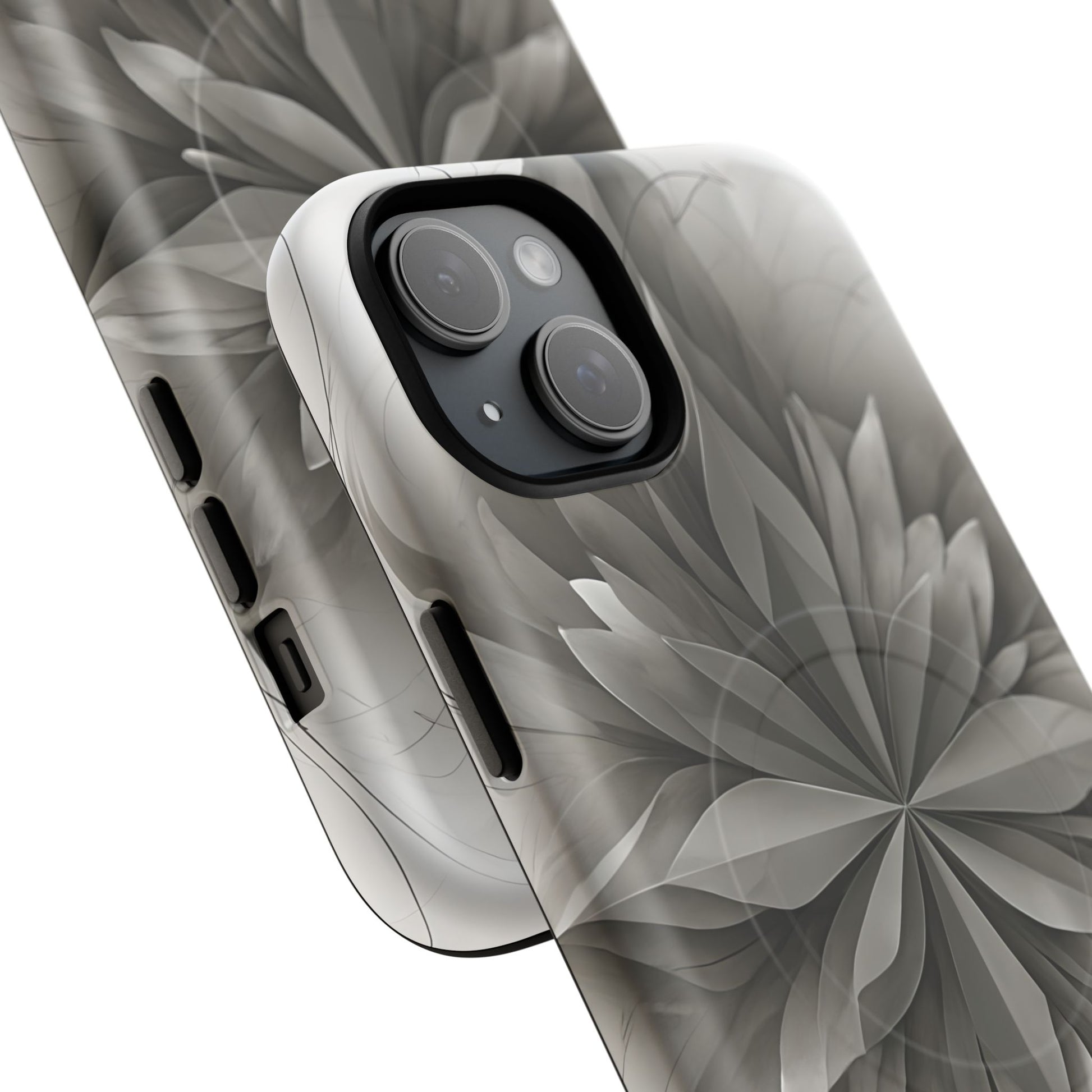 Silver Lotus - Elegant Monochrome Floral iPhone 15 Plus MagSafe Phone Case - Modern Lotus Design