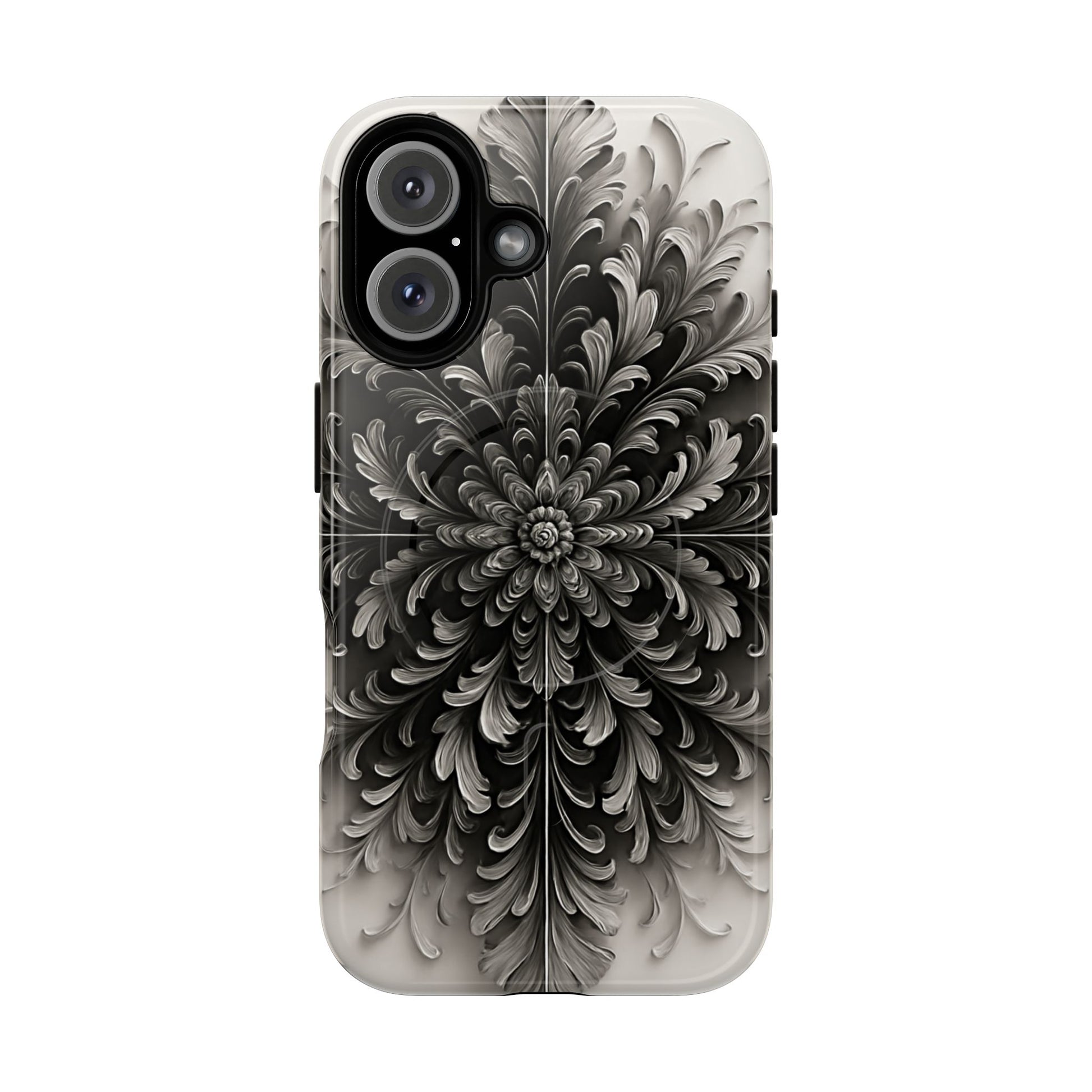 Obsidian Bloom - Elegant Black & White iPhone 16 MagSafe Phone Case - Intricate Mandala Flower Design