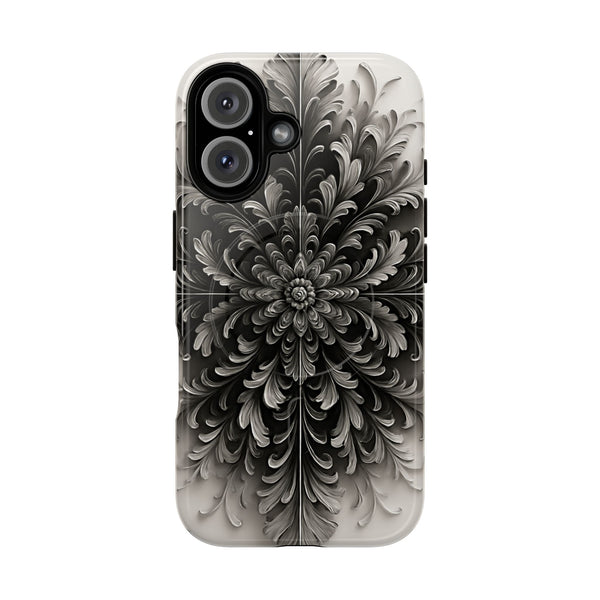 Obsidian Bloom - Elegant Black & White iPhone 16 MagSafe Phone Case - Intricate Mandala Flower Design