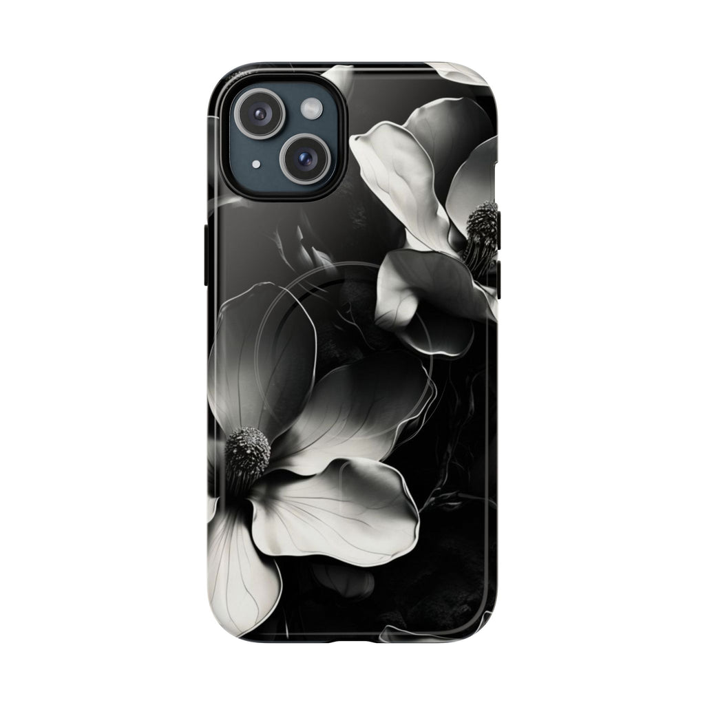 Monochrome Magnolia - Elegant Black & White Floral iPhone 15 Plus MagSafe Phone Case - Artistic Magnolia Design