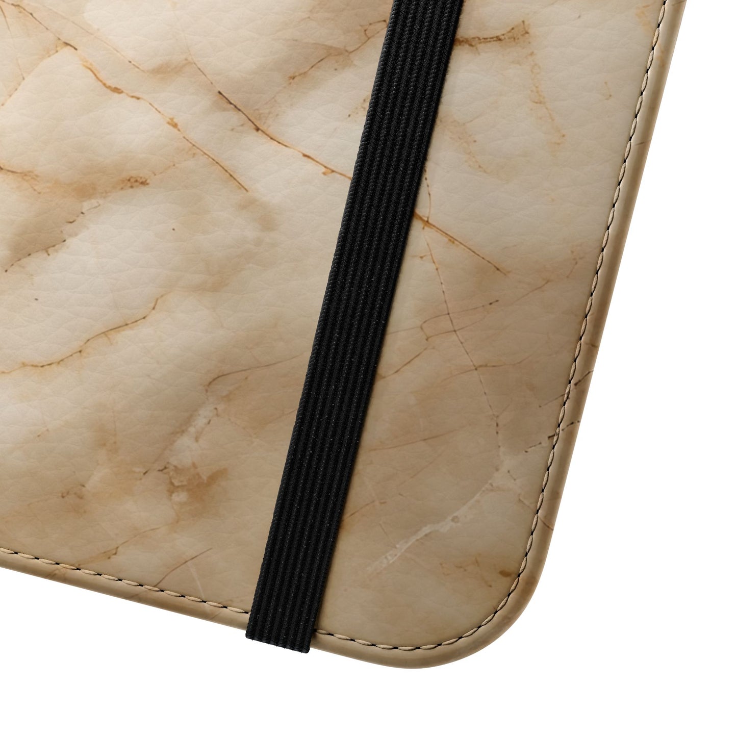 faux leather iPhone wallet flip phone case with elastic closure and marble design