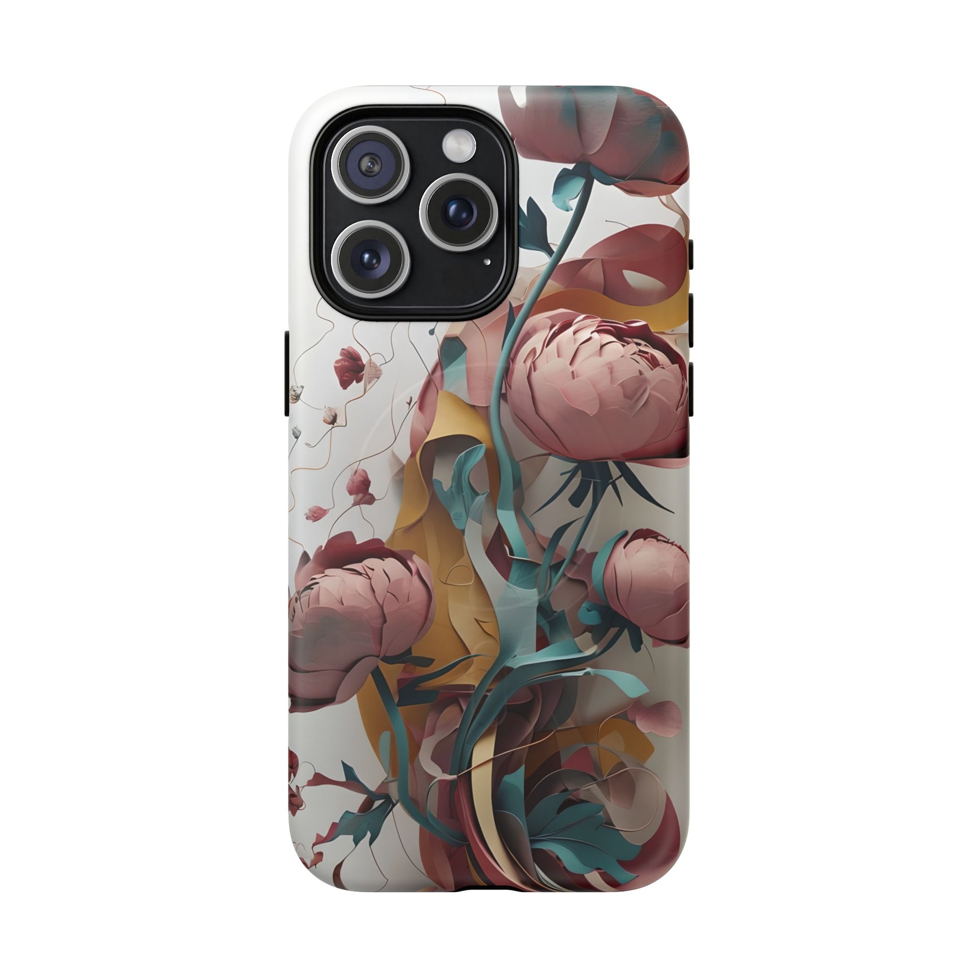 Blushing Peony Veil - Elegant Painterly Floral iPhone 15 Pro Max MagSafe Phone Case - Soft Blush & Teal Peony Design