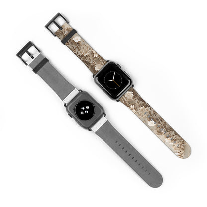 Two Moonlit Garden Apple Watch bands showing front and back with black clasp