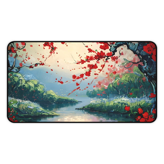 Crimson Blossom desk mat featuring red blossom landscape artwork on soft background