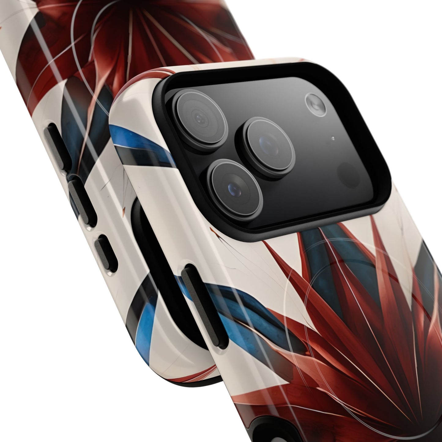 Angled view of Garnet Starburst red, white and blue geometric iPhone MagSafe protective case with large camera cutout