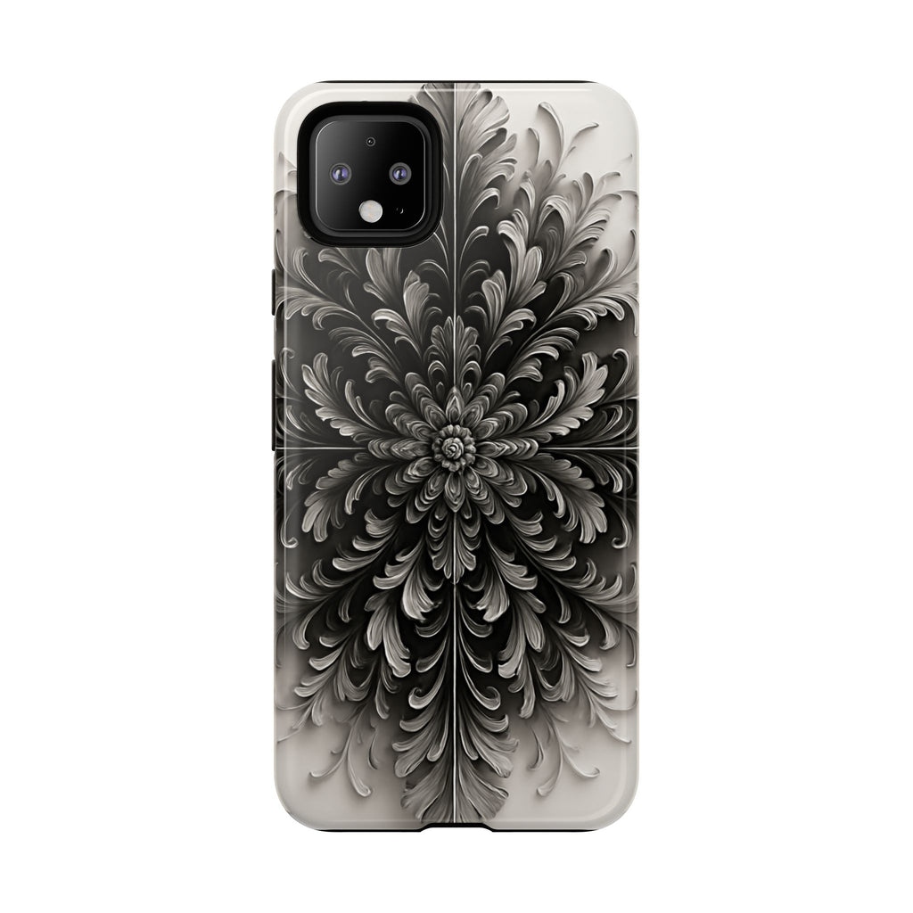 Obsidian Bloom - Elegant Black & White Google Pixel 4XL Tough Phone Case - Intricate Mandala Flower Design
