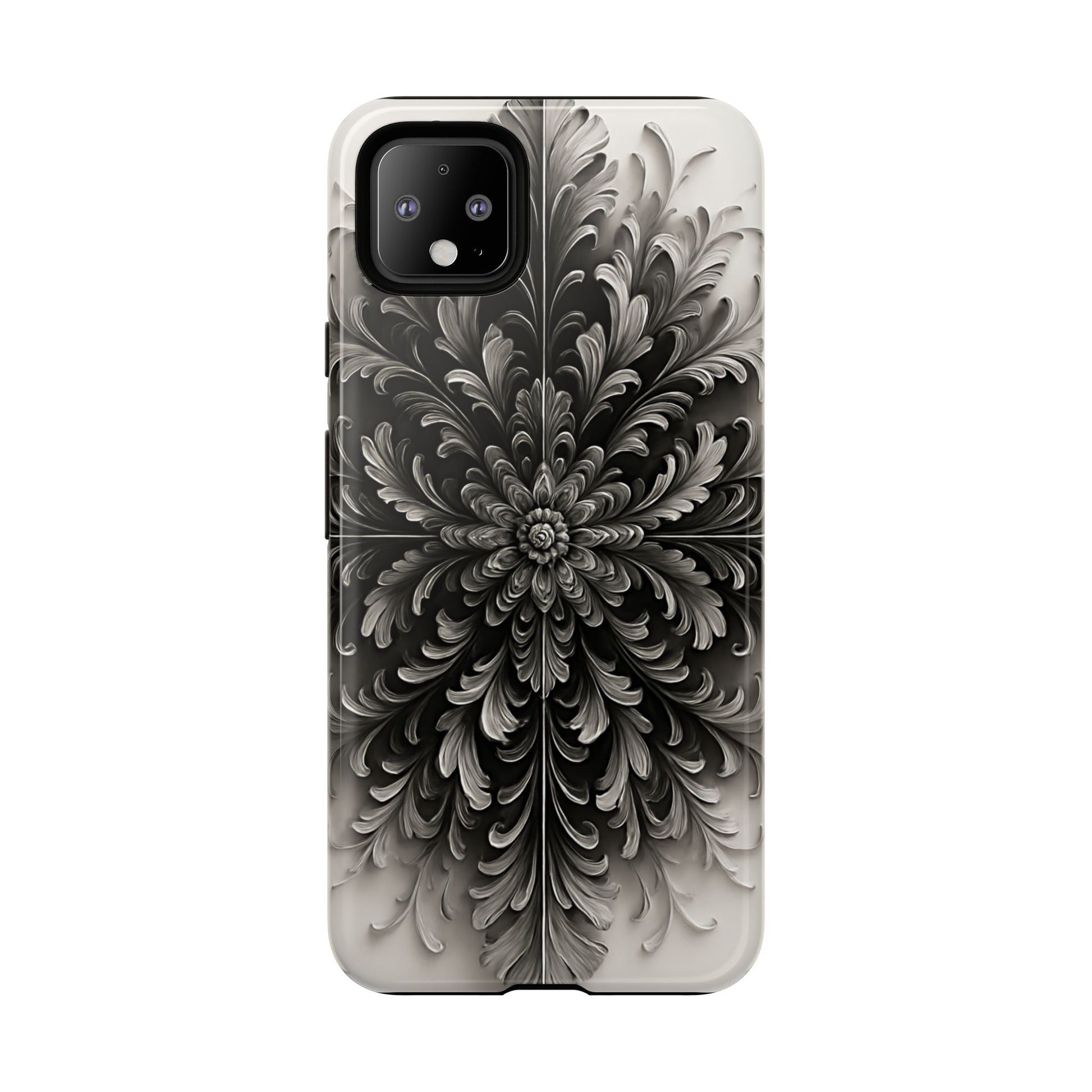 Obsidian Bloom - Elegant Black & White Google Pixel 4XL Tough Phone Case - Intricate Mandala Flower Design