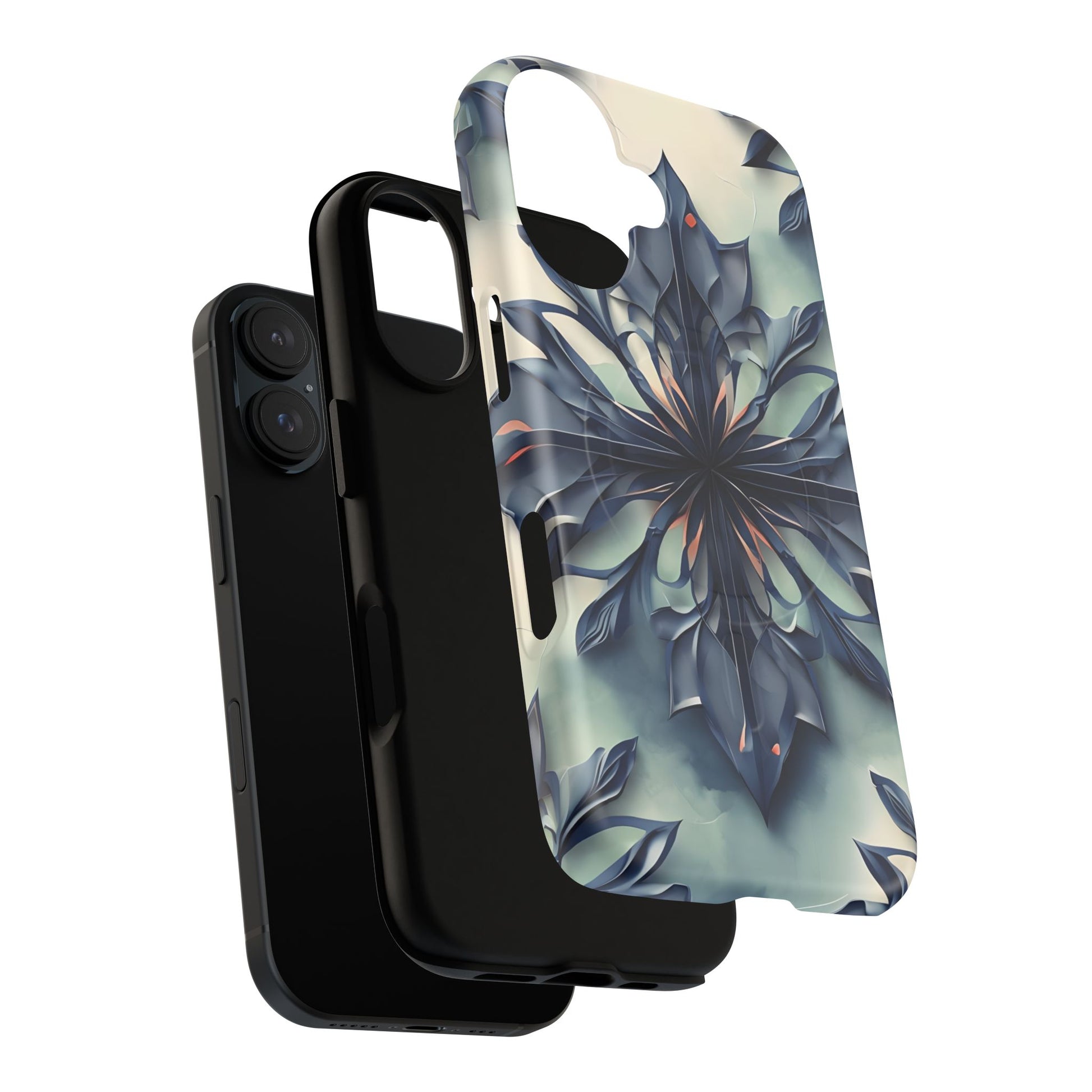 Frosted Indigo Bloom - Artistic Kaleidoscope Collection Artistic Floral - iPhone 16 MagSafe Phone Case -Blue Symmetrical Design