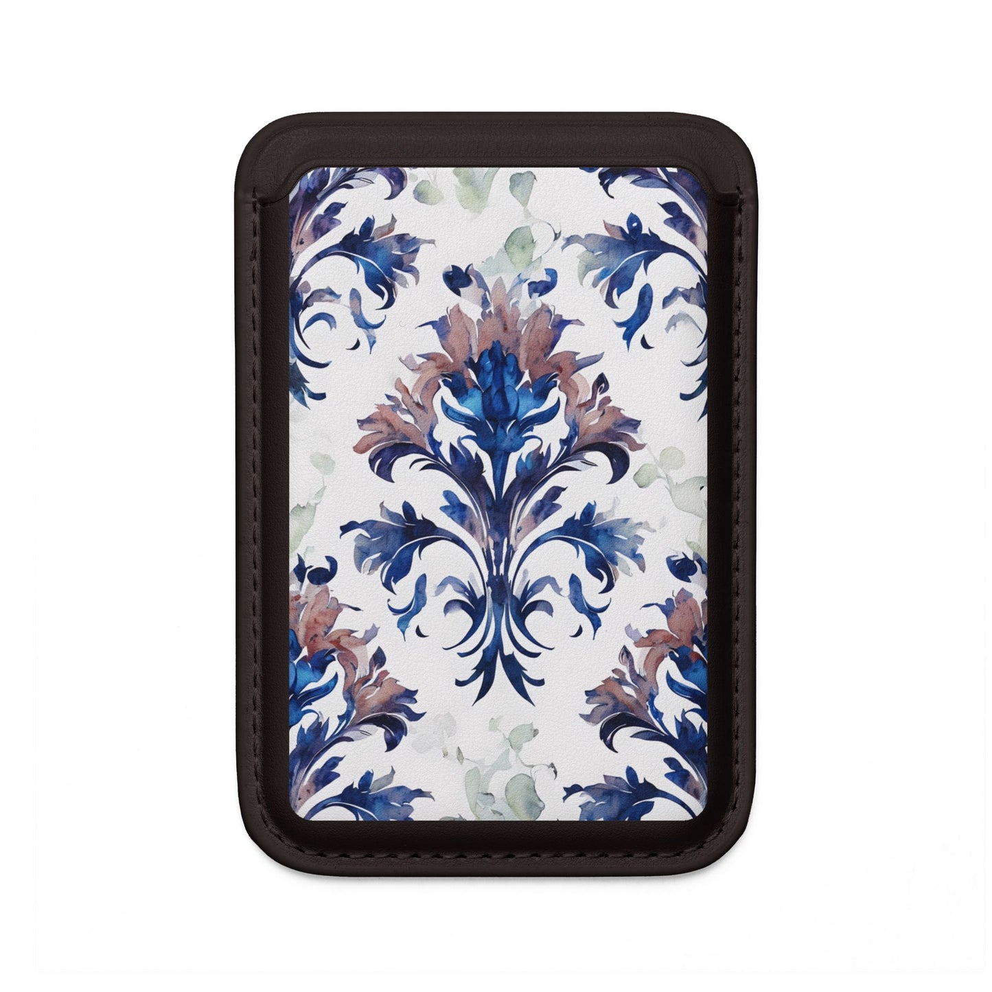 Delft Reverie MagSafe card holder with blue Delft-style floral pattern on black magnetic wallet.