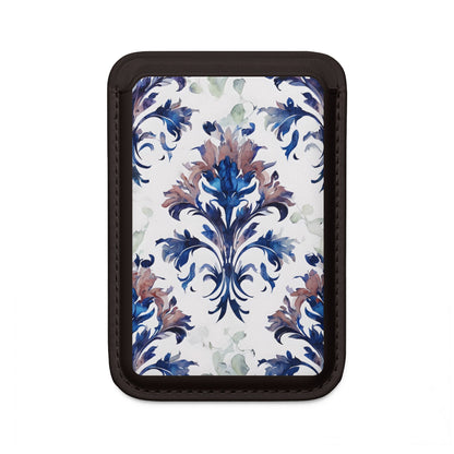 Delft Reverie MagSafe card holder with blue Delft-style floral pattern on black magnetic wallet.