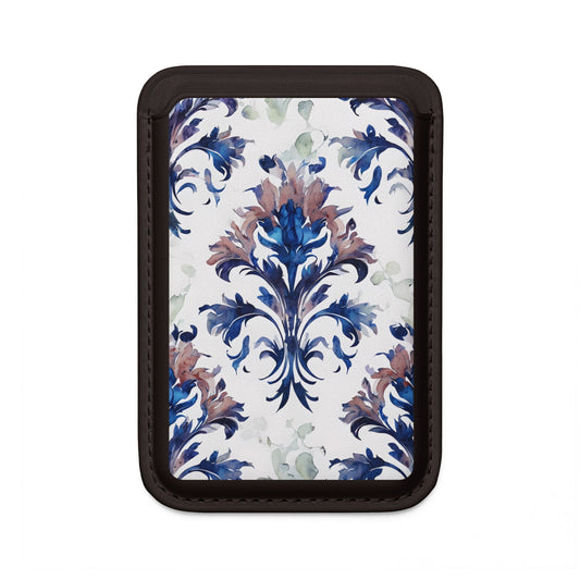 Delft Reverie MagSafe card holder with blue Delft-style floral pattern on black magnetic wallet.
