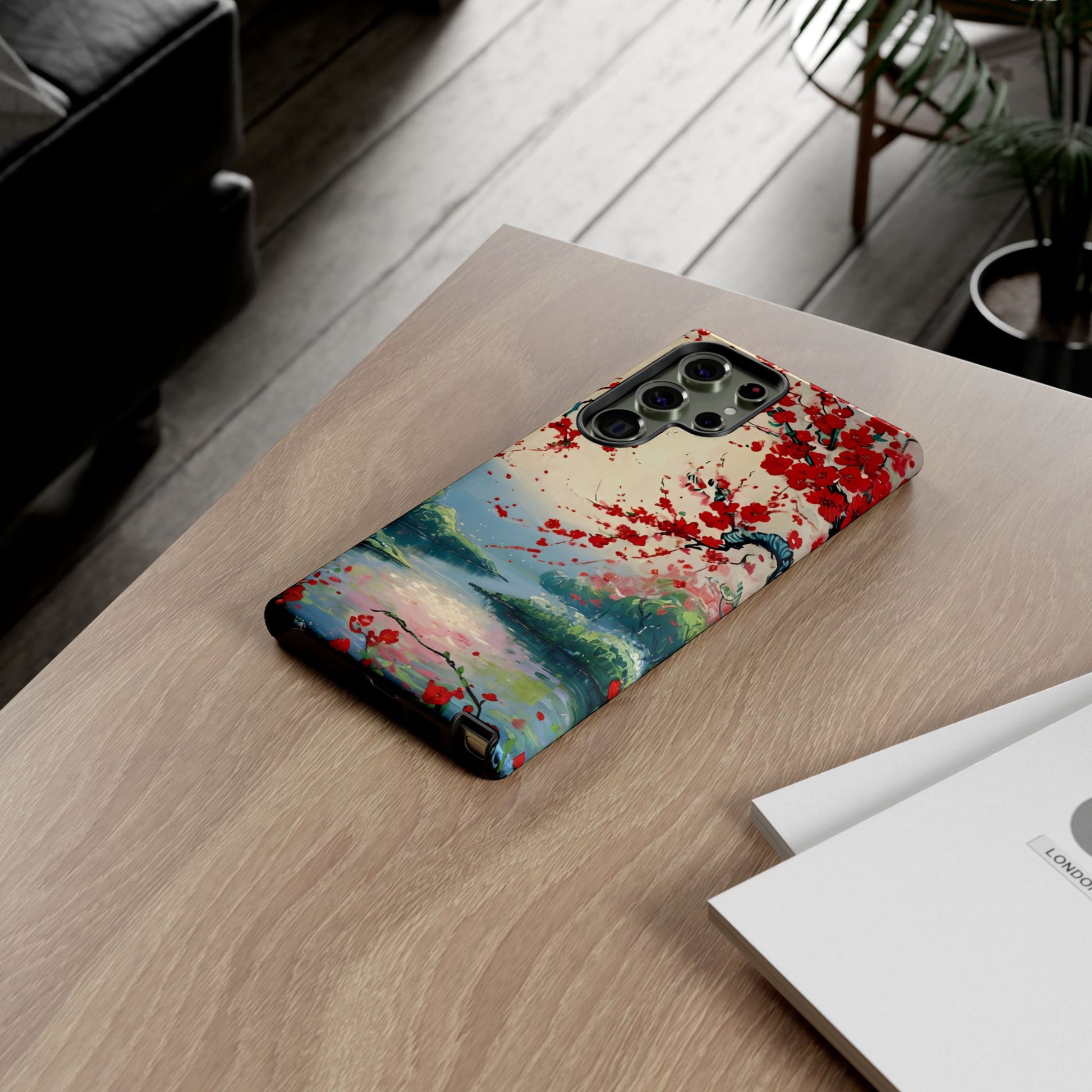 Crimson Blossom Lake - Artistic Floral Landscape Samsung Galaxy S23 Ultra Tough Phone Case - Red Cherry Blossoms & Serene Lake Design