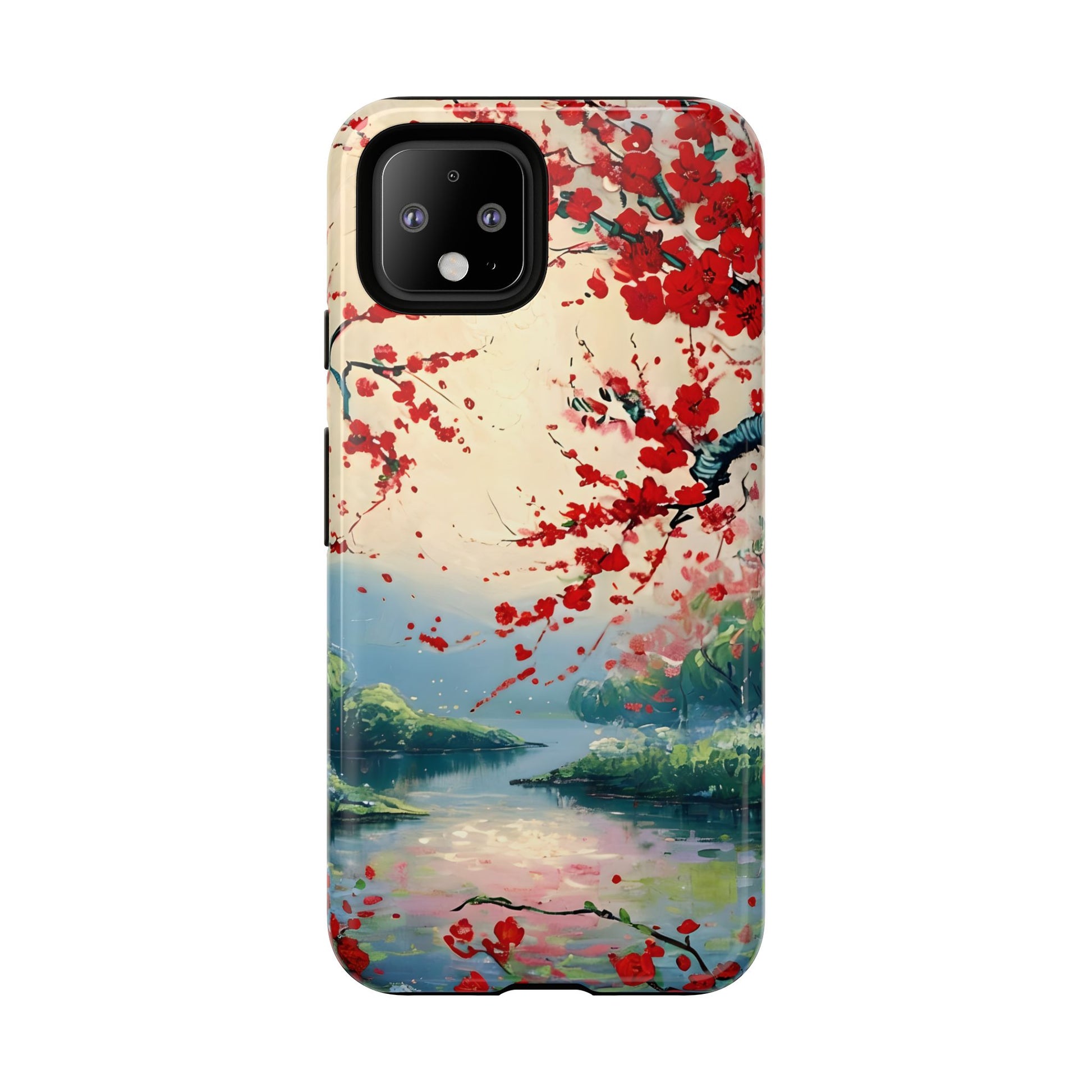 Crimson Blossom Lake - Artistic Floral Landscape Google Pixel 4 Tough Phone Case - Red Cherry Blossoms & Serene Lake Design