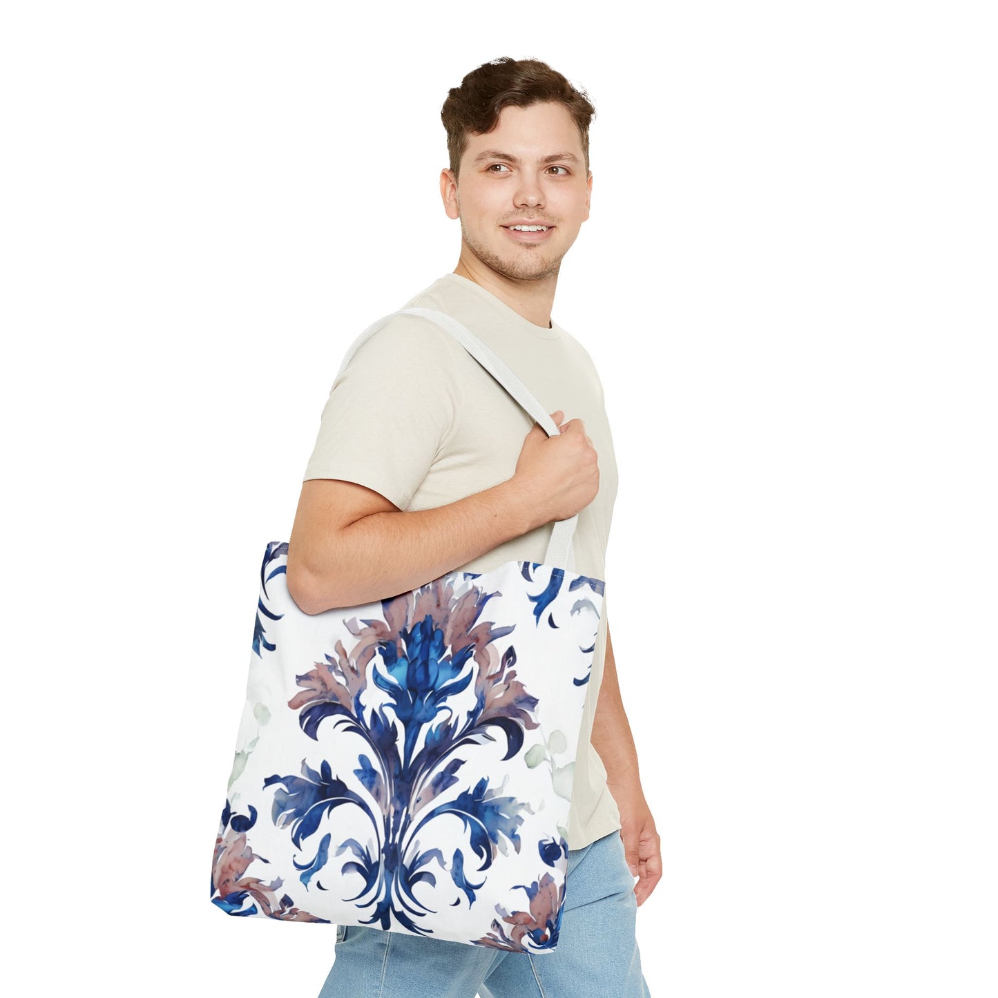 Delft Reverie Tote Bag (16x16 & 18x18)- Dreamy Blue Botanical Scroll on White Canvas, Reusable & Eco-Friendly