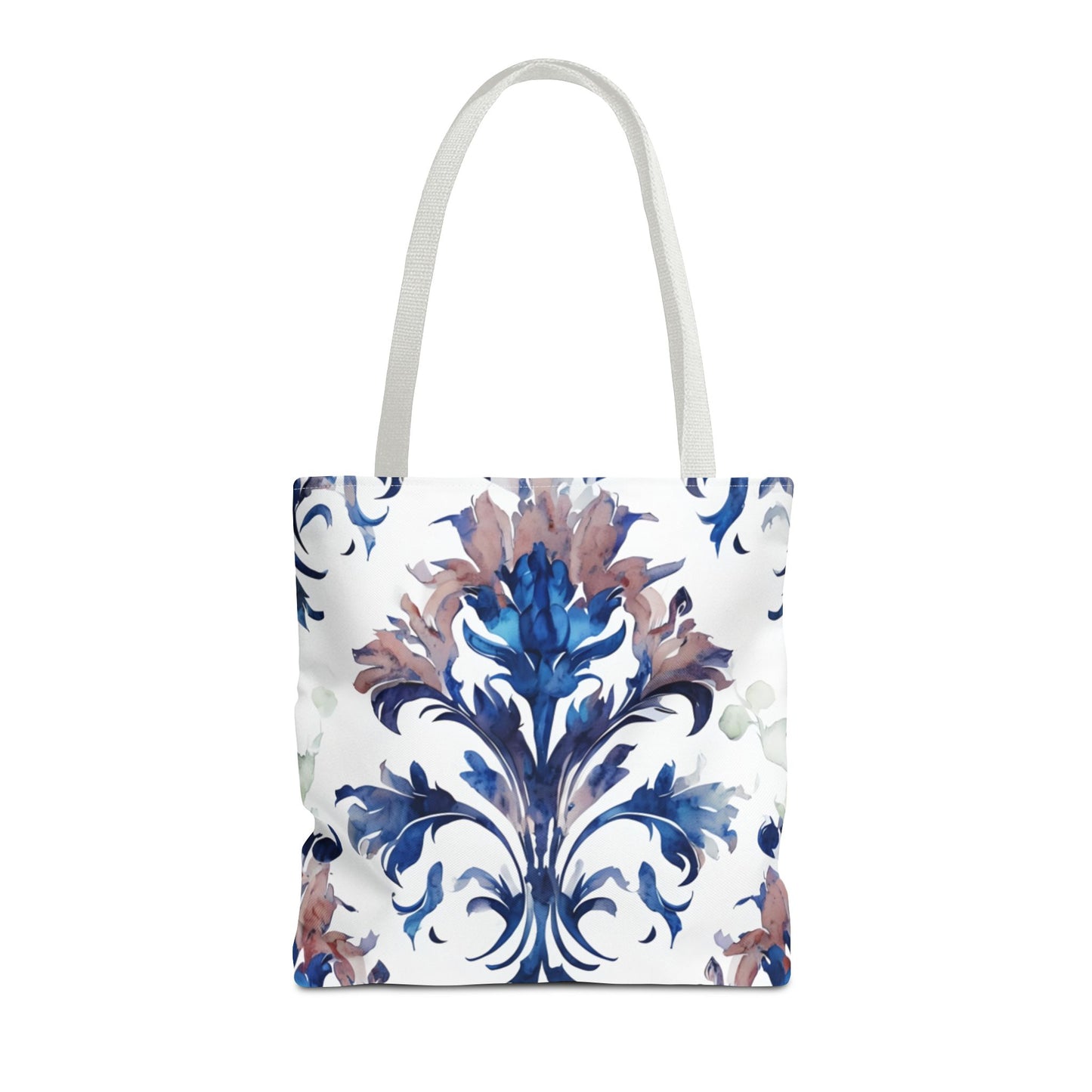 Delft Reverie canvas tote bag featuring blue and white floral porcelain-inspired design with light handles