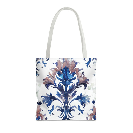 Delft Reverie canvas tote bag featuring blue and white floral porcelain-inspired design with light handles