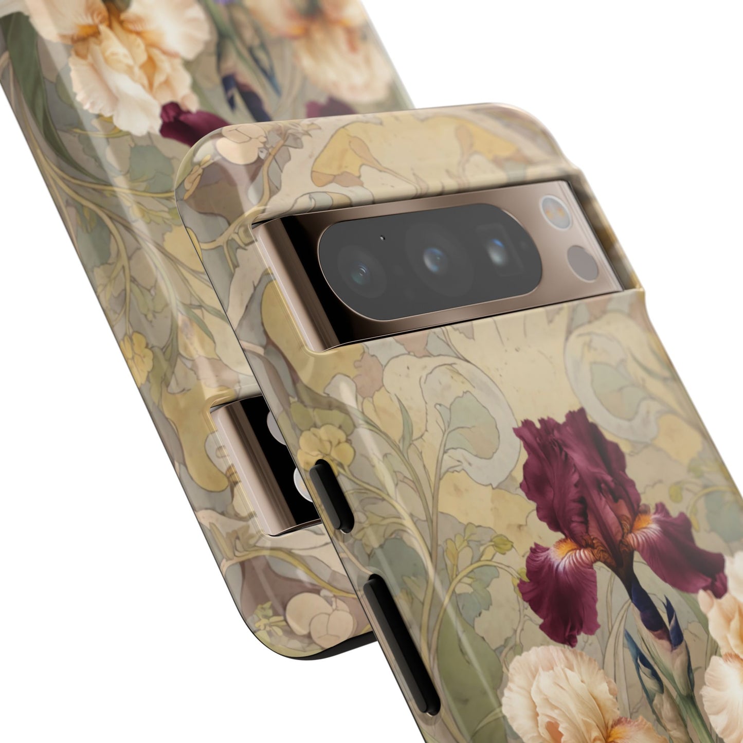 Iris Reverie vintage iris floral artwork Google Pixel phone case angled view