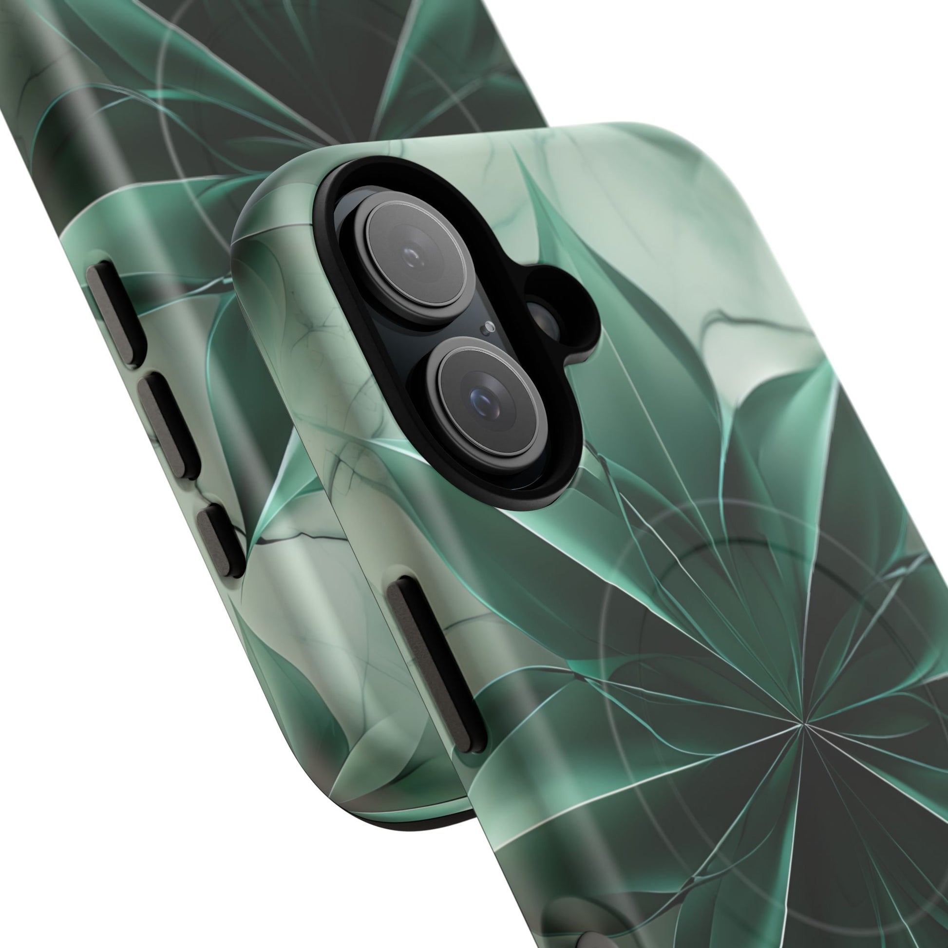 Emerald Bloom iPhone 16 MagSafe Phone Case -Modern Symmetrical Floral Design, Green