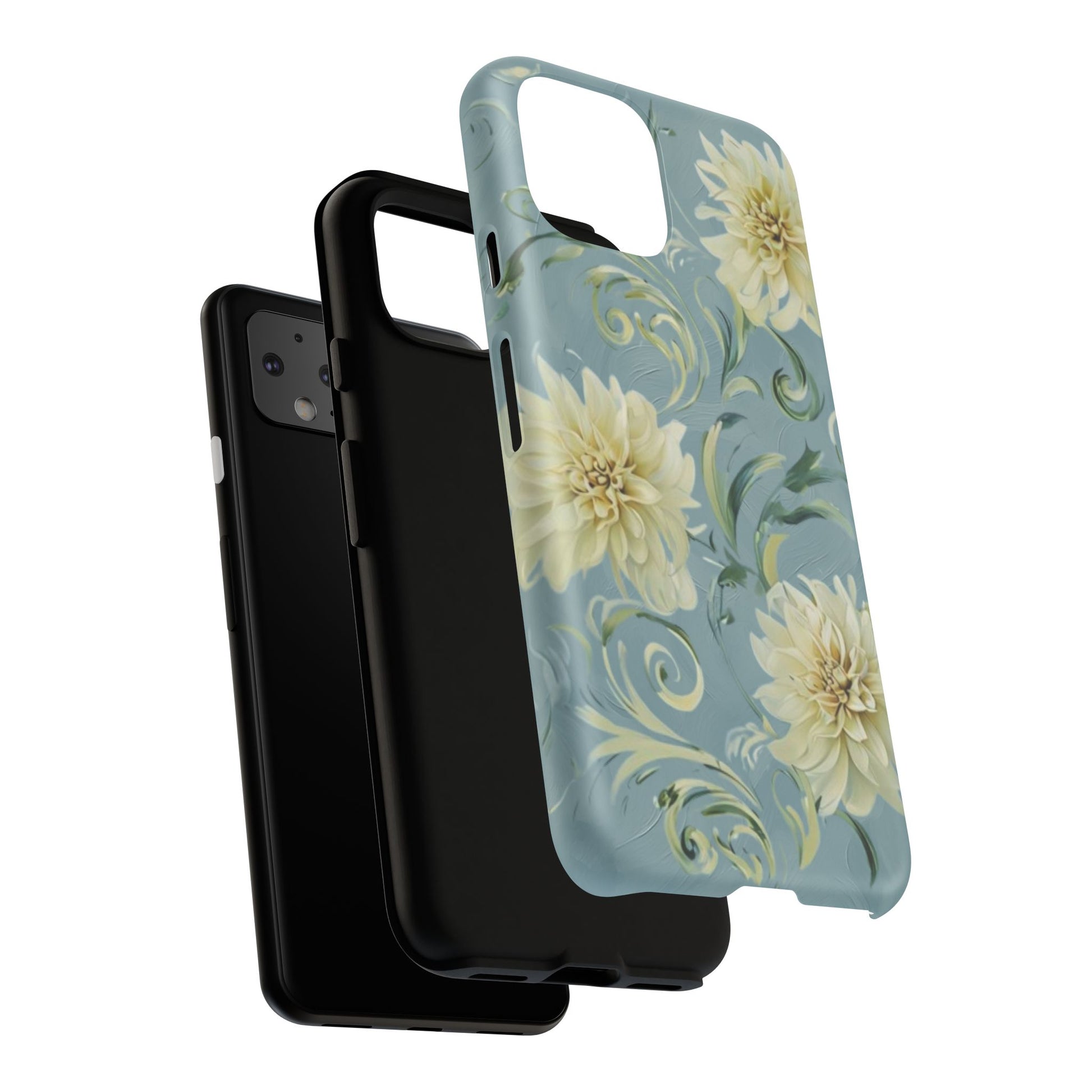 Golden Dahlia Trio - Elegant Floral Google Pixel 4 Tough Phone Case - Artistic White & Blue Dahlia Design