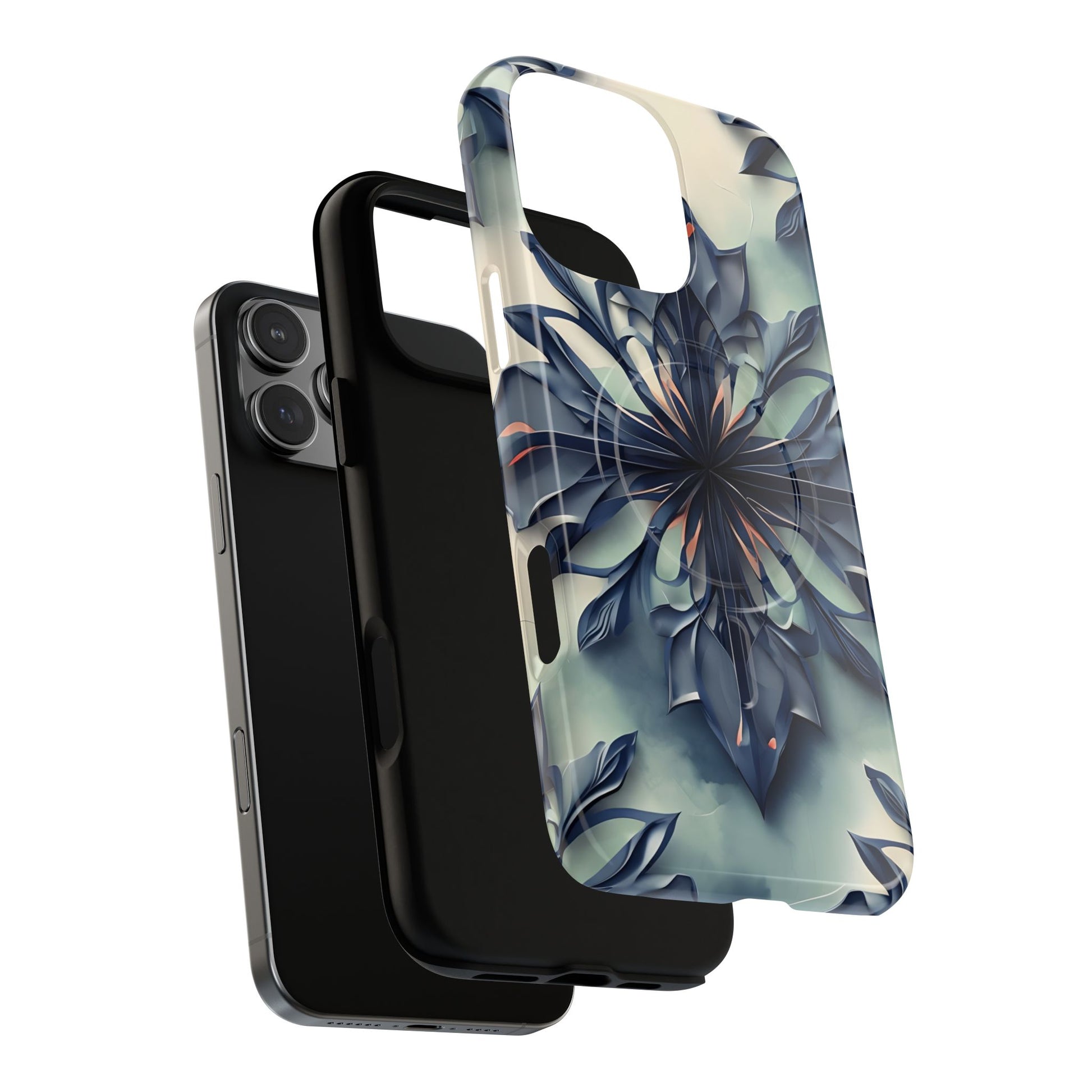 Frosted Indigo Bloom - Artistic Kaleidoscope Collection Artistic Floral - iPhone 16 Pro Max MagSafe Phone Case -Blue Symmetrical Design