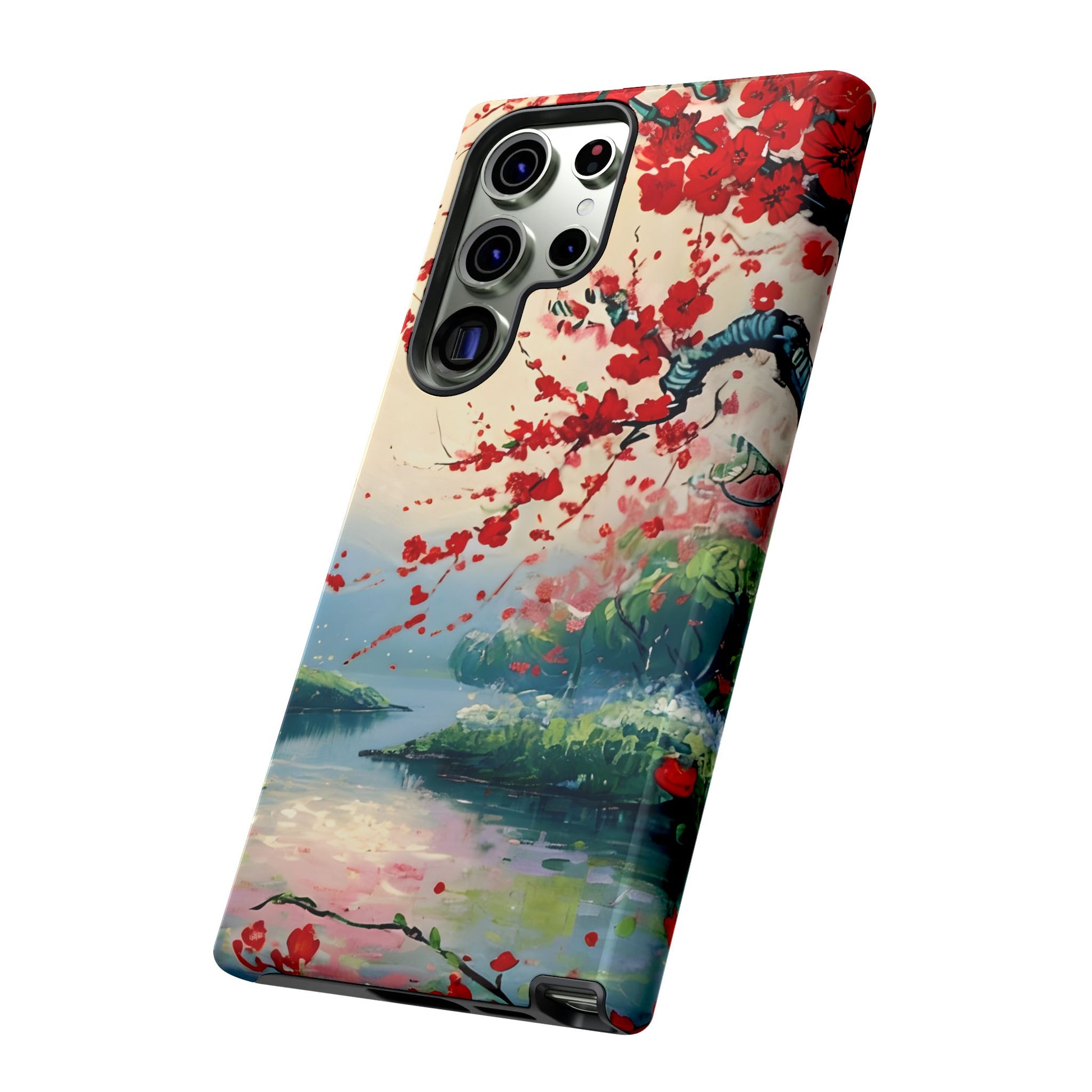Crimson Blossom Lake cherry blossom landscape artwork Samsung Galaxy phone case angled view