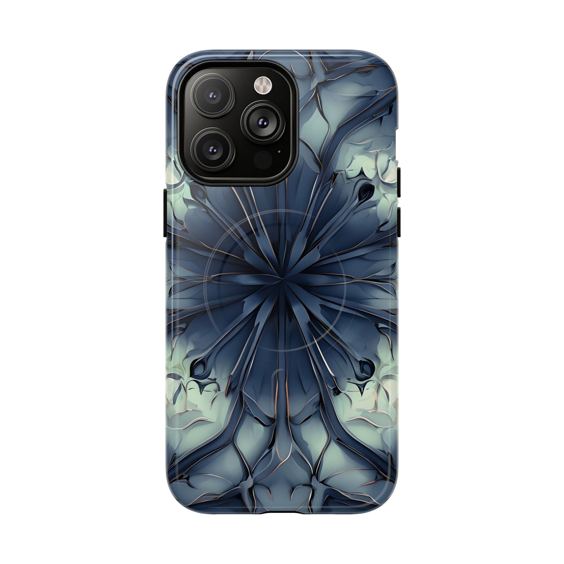 Indigo Mosaic - Artistic Kaleidoscope Collection Artistic Floral - iPhone 14 Pro Max MagSafe Phone Case -Bold Blue Symmetrical Design