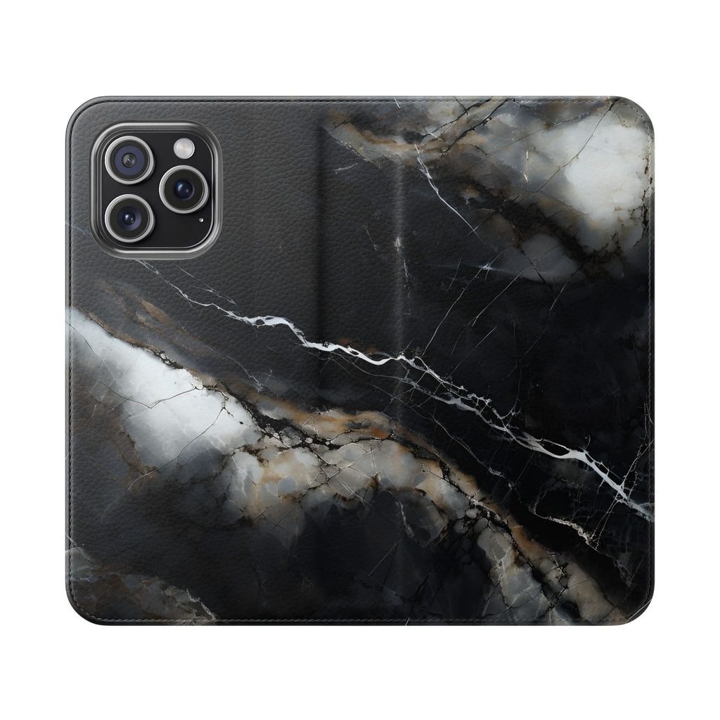 Obsidian Vein Wallet Phone Case - Black & White Marble - Flip Cover for iPhone 15 Pro Max