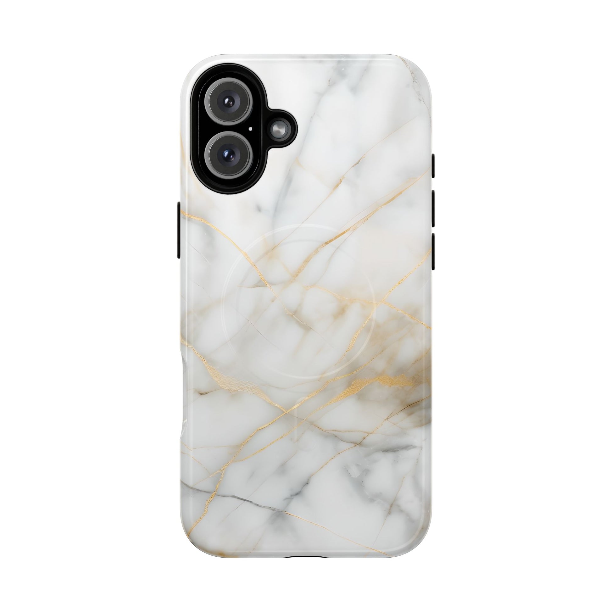 Golden Vein iPhone 16 Plus MagSafe Phone Case -White Neutral Marble Design