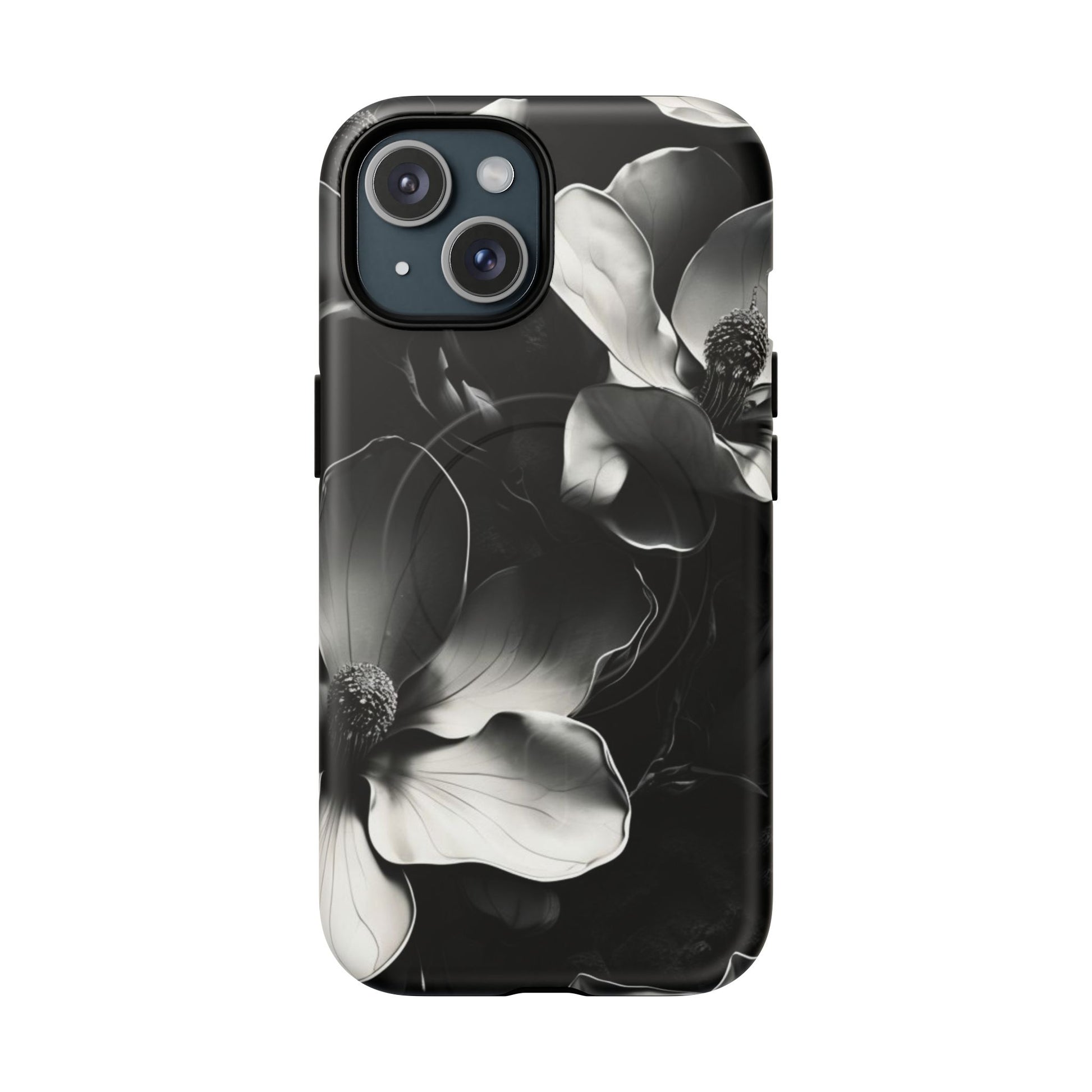 Monochrome Magnolia - Elegant Black & White Floral iPhone 15 MagSafe Phone Case - Artistic Magnolia Design